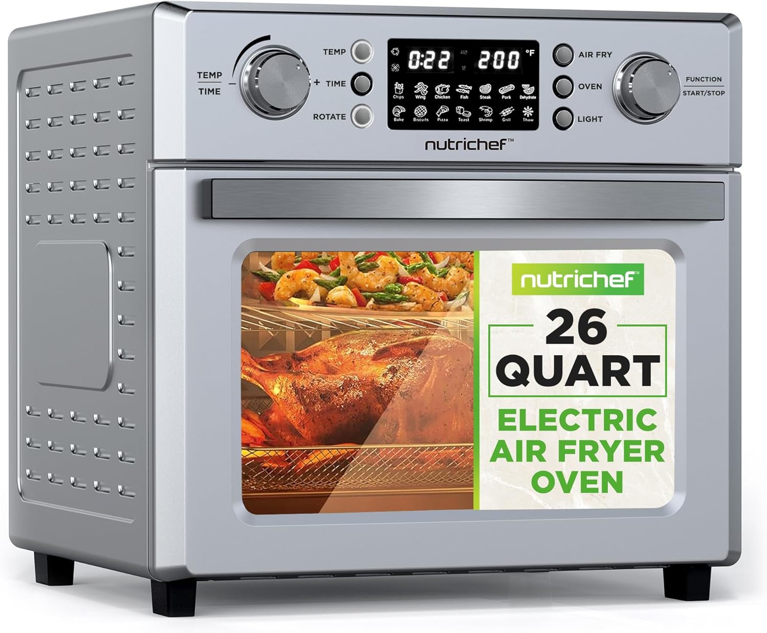 NutriChef 26L Electric Air Fryer Oven | 1700W Countertop Rotisserie & Air Fryer | 360° Rotating Feature | 10 Digital Menu Presets | Includes Drip Tray, Air Frying Basket & Bake Rack 15x16x14 (Silver) NutriChef 26L Electric Air Fryer Oven | 1700W Countertop Rotisserie & Air Fryer | 360° Rotating Feature | 10 Digital Menu Presets | Includes Drip Tray, Air Frying Basket & Bake Rack 15x16x14 (Silver)