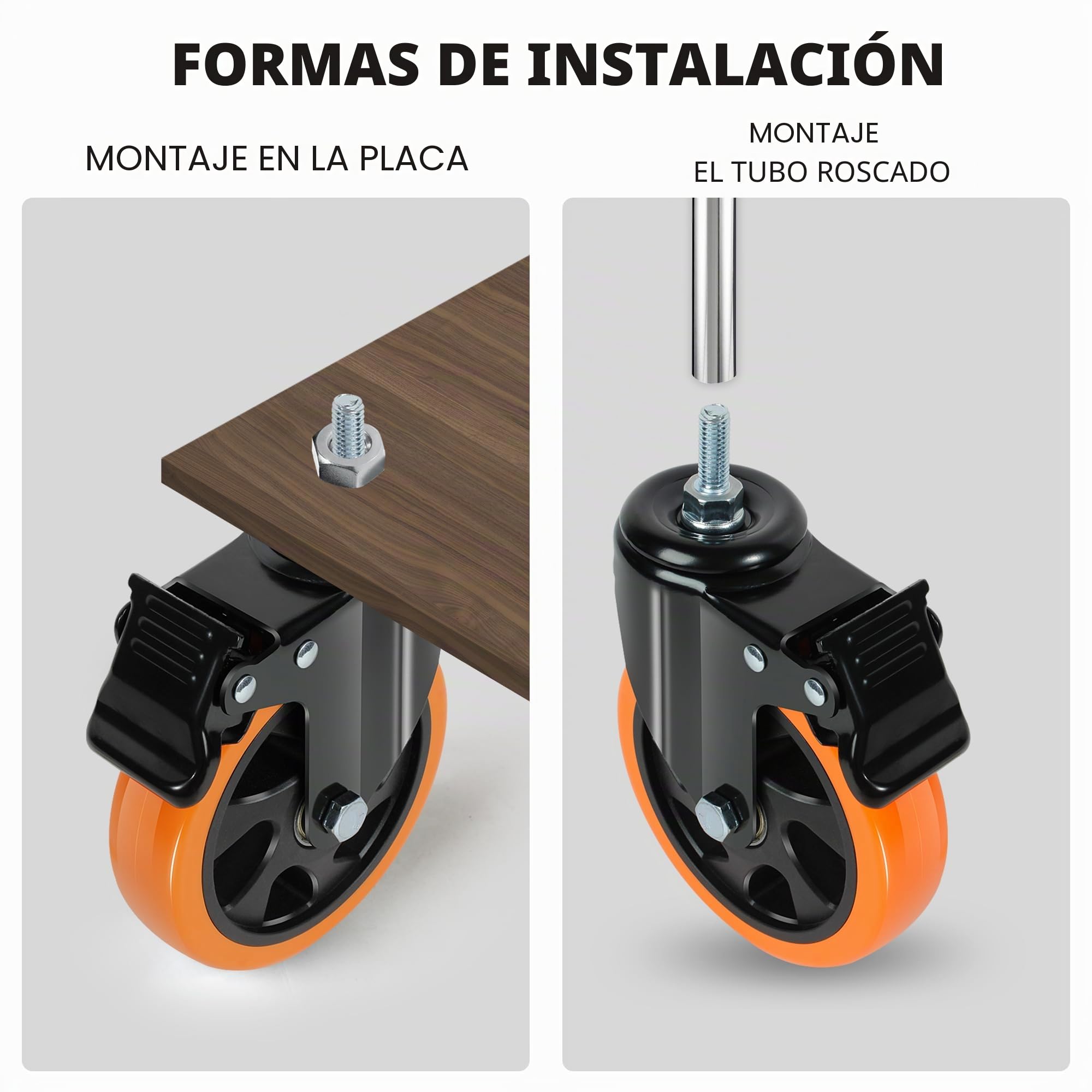 ¢125mm Ruedas Giratorias con Vástago 12mm×25mm(1/2"-12UNC) Ruedas para Muebles Pesados Naranja Ruedas con Tornillo Capacidad 700KG Total