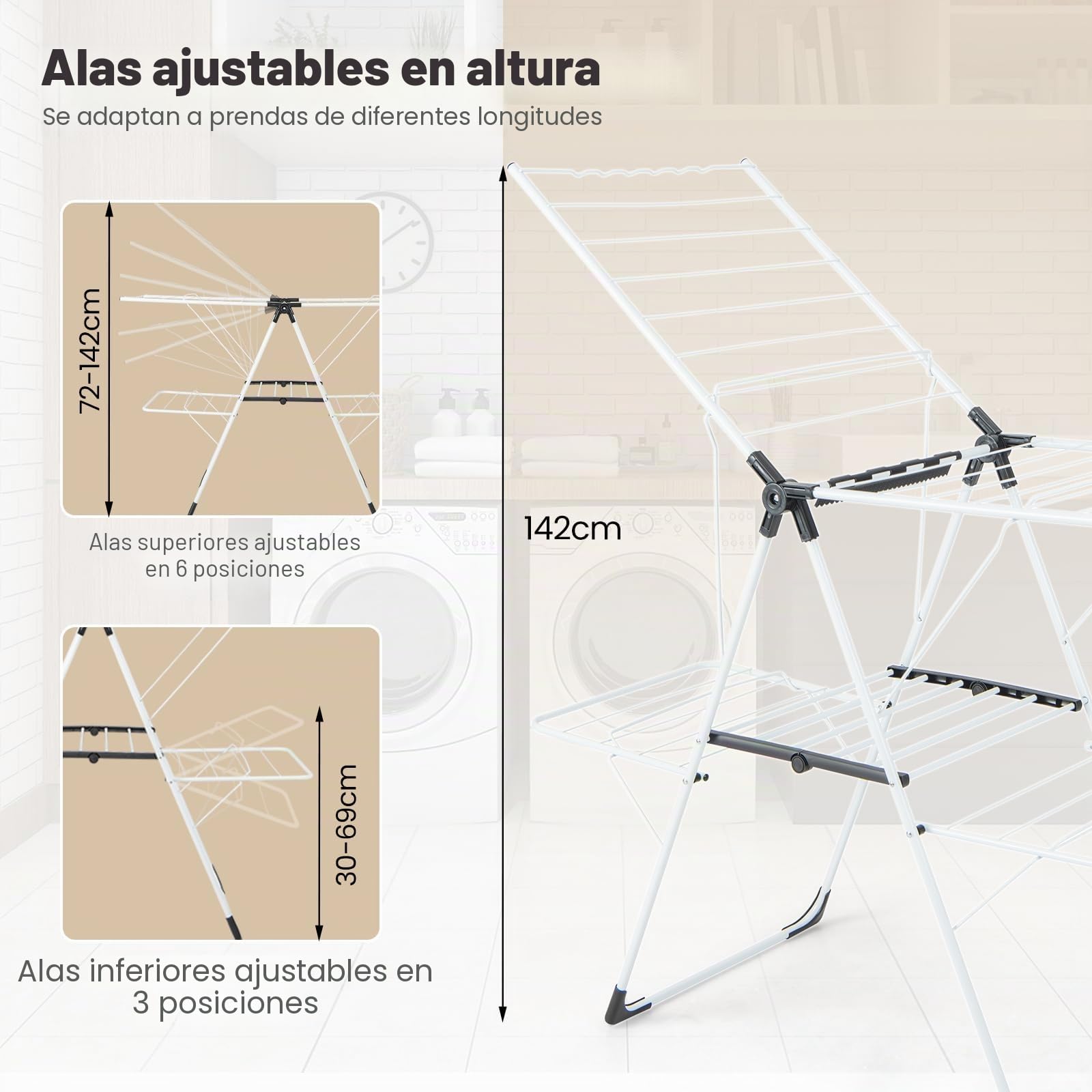 HOMASIS - Secador de ropa plegable con 2 alas ajustable en altura, tendedero de ropa con 33 rieles de secado, pinzas para calcetines, barras laterales (blanco)