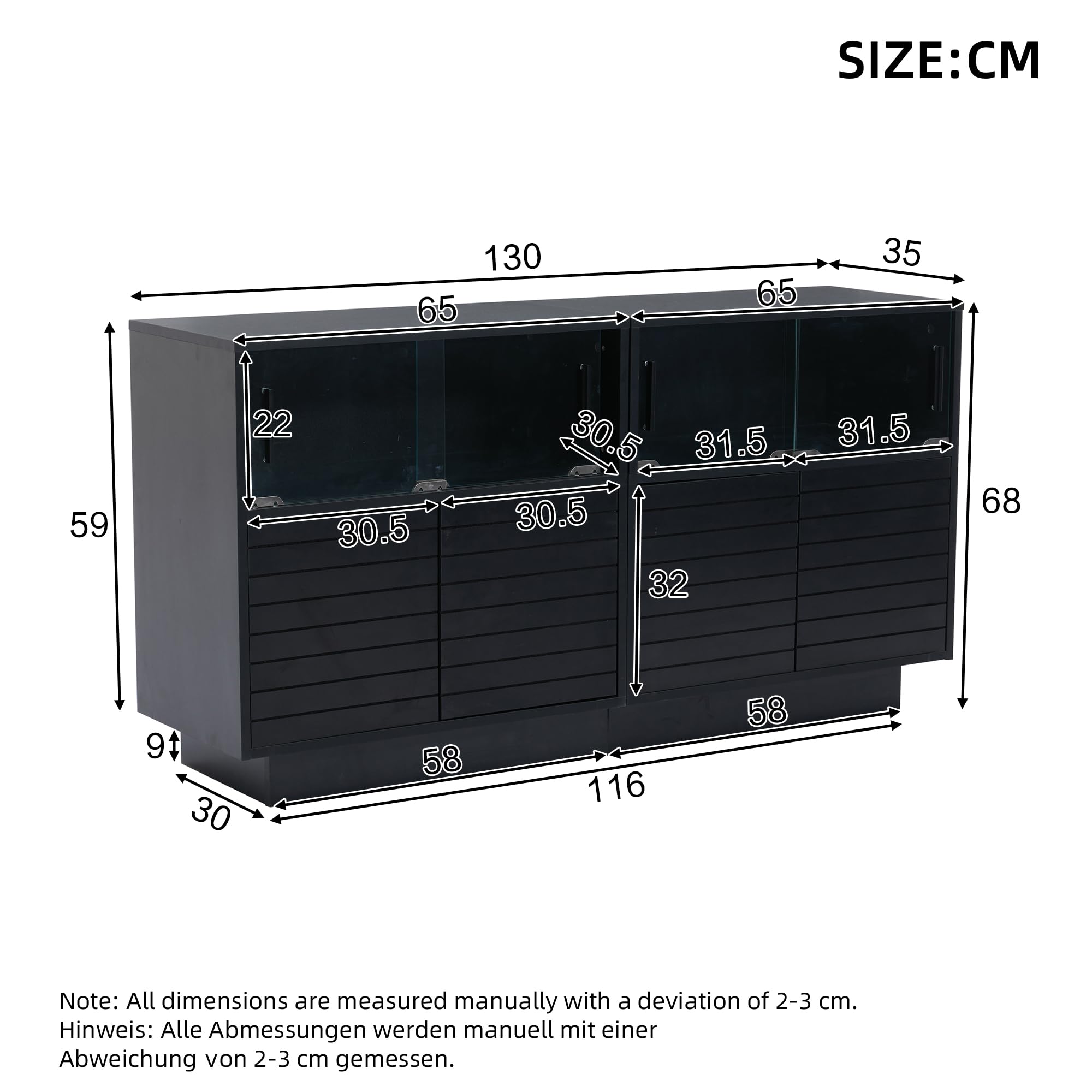 Komoda czarna z oświetleniem LED i 4 przesuwanymi drzwiami – szafka pod telewizor 130 cm, wielofunkcyjna szafka do przechowywania z dużą ilością miejsca do przechowywania do salonu