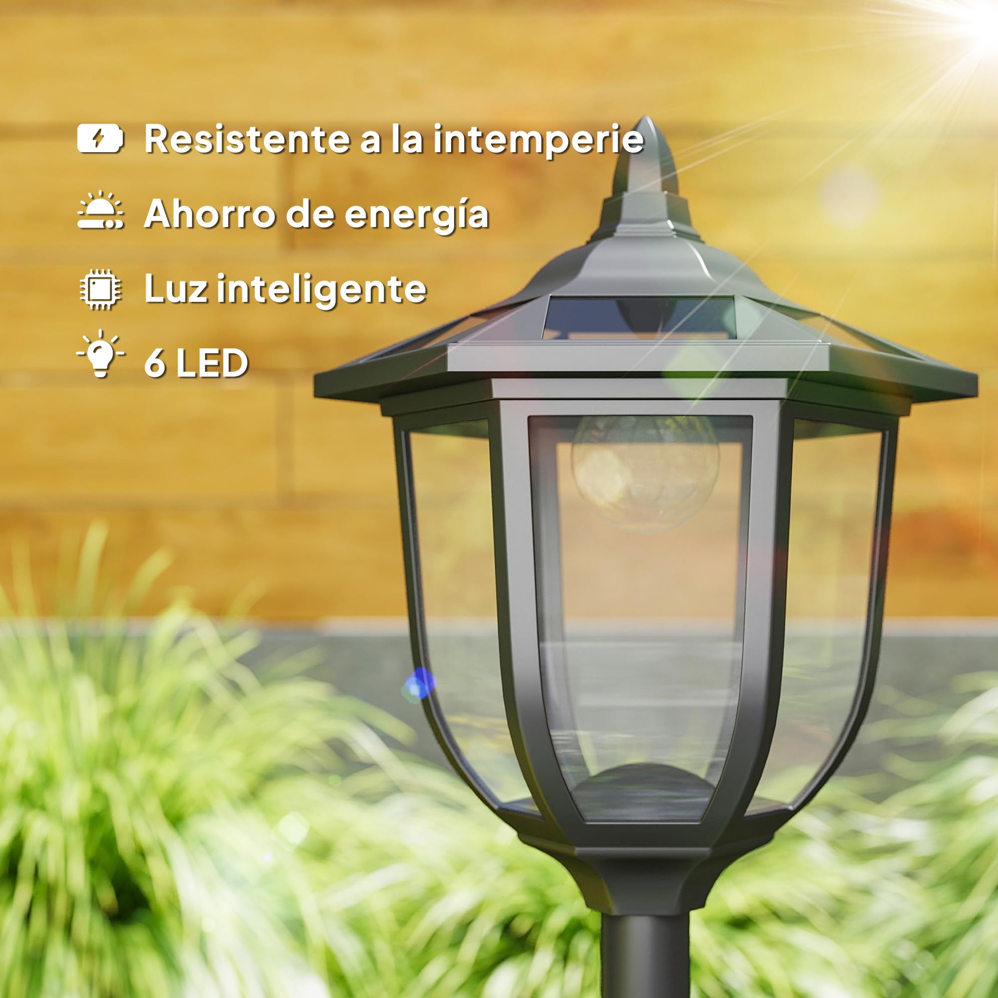 Outsunny Farola Solar con Panel Solar a Cargar Batería Protección al Ambiente 6 LED Perfecto para Noche Encendido Automático Autonomía de 6 Horas Instalar Fácil Negro Ø26,5 x 177cm