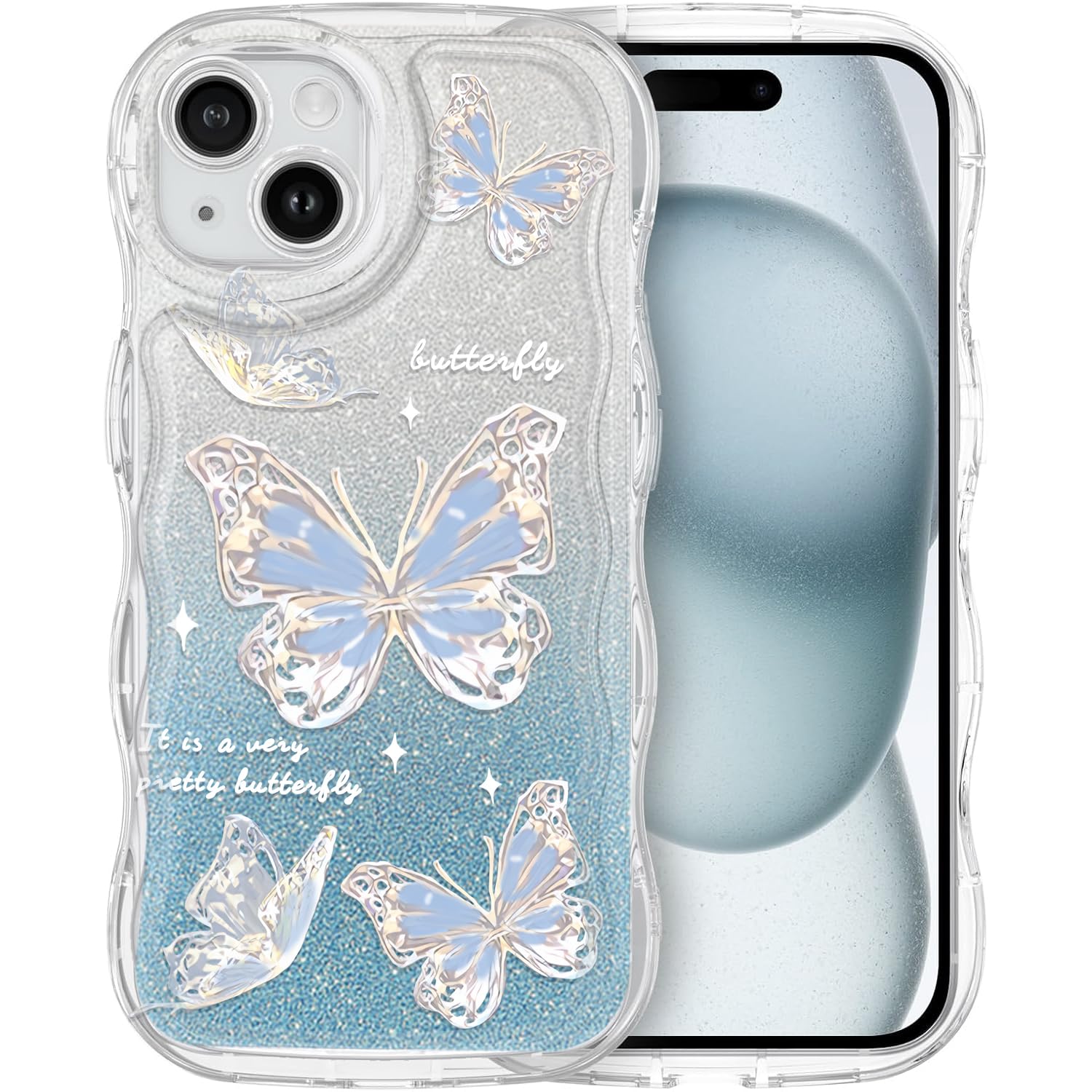 MuZiF iPhone 15 用 ケース クリア キラキラ 可愛い ちょう ウェーブ TPUソフトケース 透明 かわいい 韓国 薄くて軽い 人気 おしゃれ 耐衝撃 携帯カバー アイフォン15 用 スマホケース (iPhone 15,ブルー)