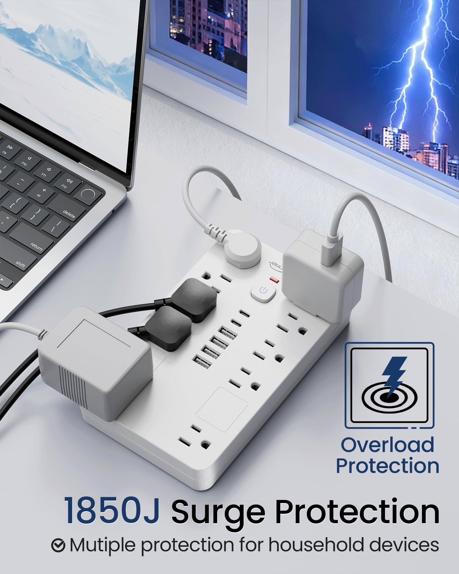JouleLoom - Regleta de protección contra sobretensiones, 10 Salidas (1850 W/15 A) con 6 Puertos USB (2 USB C), Cable de extensión de 6 pies para Montaje en Pared, listado ETL para el hogar