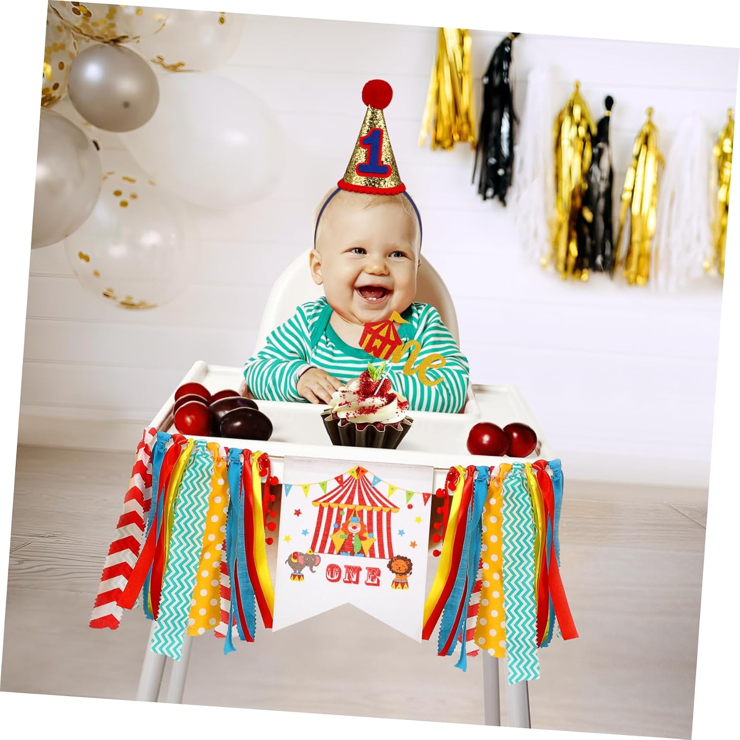 PRETYZOOM 3-Piece 1St Birthday Banner Set with Circus Carnival Theme - Party Supplies Including Banner Cake Flag and Decorative Crown Hat for One-Year-Old Celebration