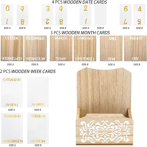 Miniatura 3 de Nicunom Calendario de escritorio de madera, bloque de madera, calendario perpetuo para escritorio, vintage, semana, mes, fecha, bloque, calendario