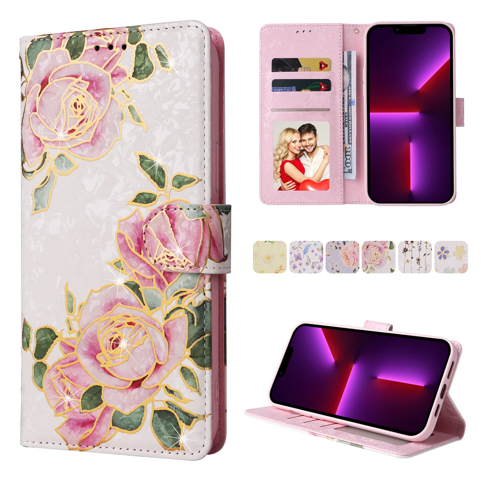 UEEBAI Wallet Case for Samsung Galaxy S22 Ultra 5G, PU Leather Kickstand RFID Blocking Flip With Card Slots, Wrist Strap, Relief Engraved Pattern,