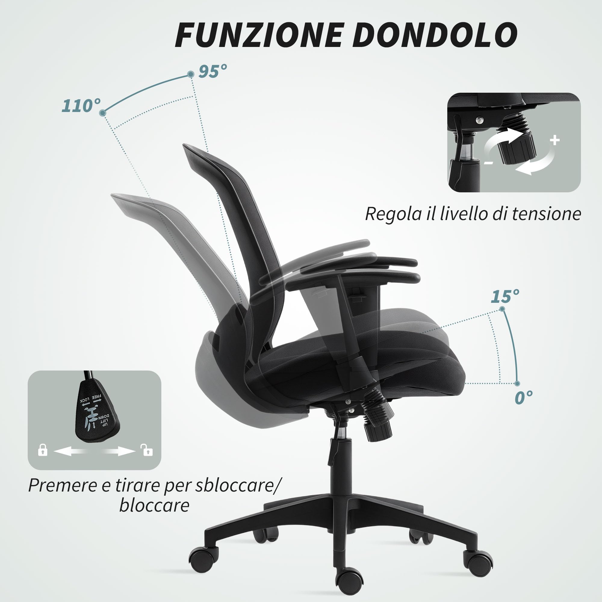 HOMCOM Sedia da Ufficio Traspirante Reclinabile Altezza Regolabile Nero | Sedia per Computer, Tessuto a Rete, Braccioli Regolabili
