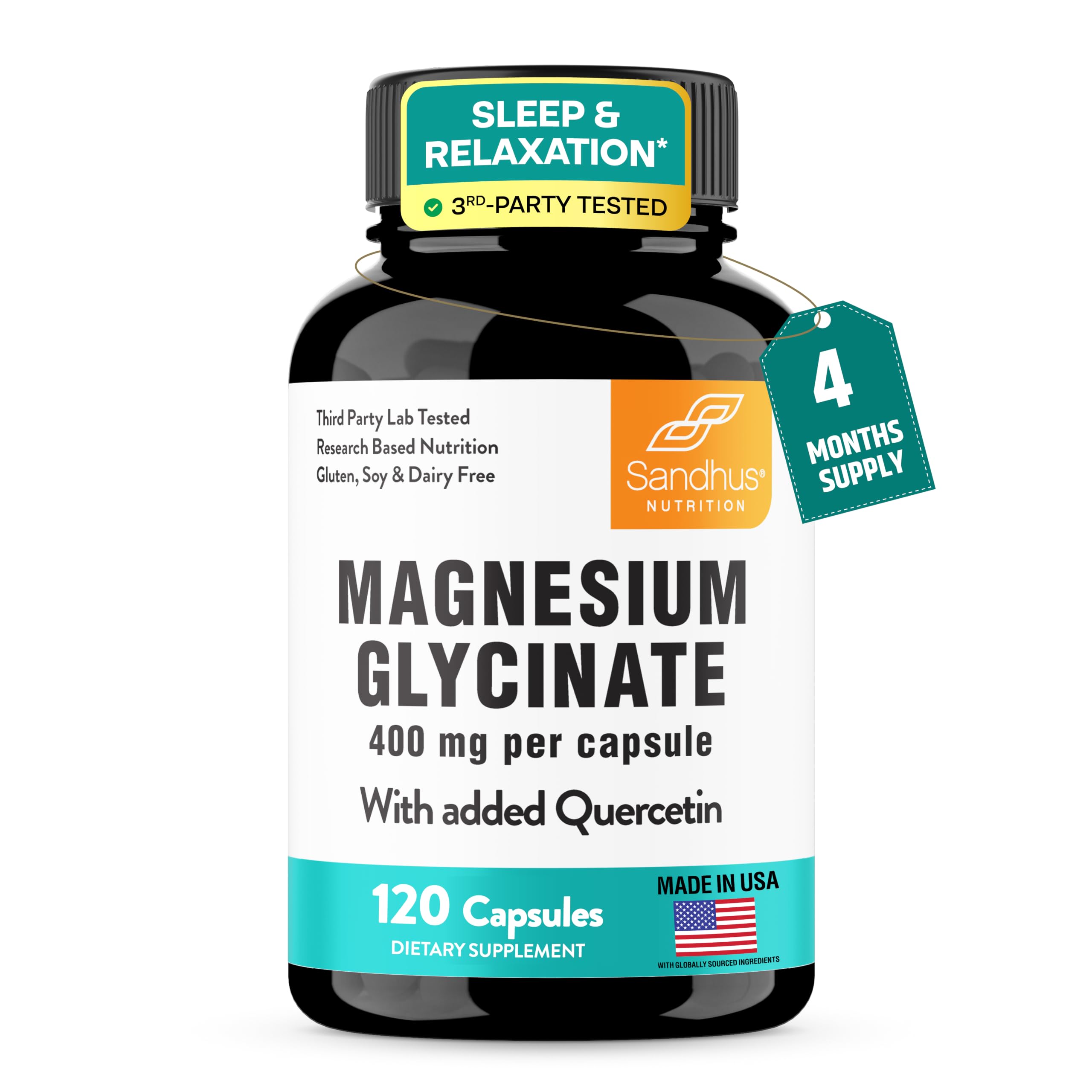 Magnesium Glycinate 400mg Capsules with Quercetin for Men & Women 120 Count 120 Count (Pack of 1) Magnesium Glycinate 400Mg with Quercetin