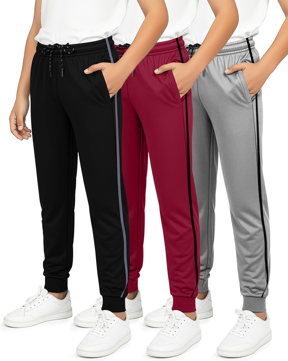 Real Essentials 3 Pack: Boy's Mesh Jogger Sweatpants - Youth Kids Baseball Football Athletic Pants with Pockets