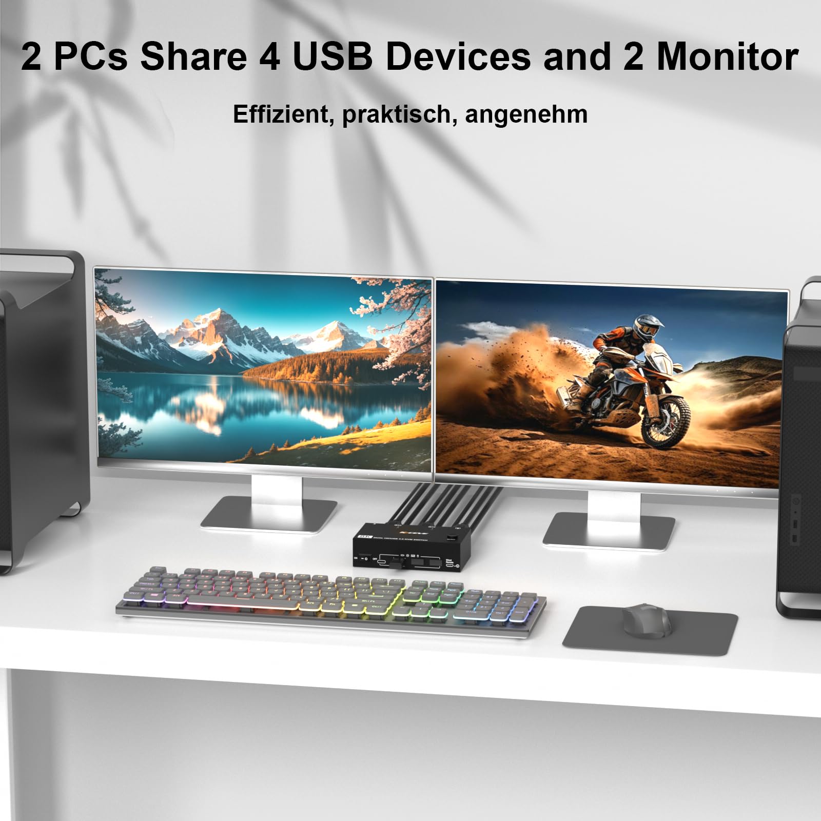 Commutateur KVM 2 PC 2 moniteurs 8K @ 60Hz 4K @ 144Hz, commutateur KVM double moniteur HDMI2.1 pour 2 PC Partager 2 moniteurs et 4 appareils USB 3.0 (3USB-A+USB-C), avec bloc d'alimentation 12 V CC +