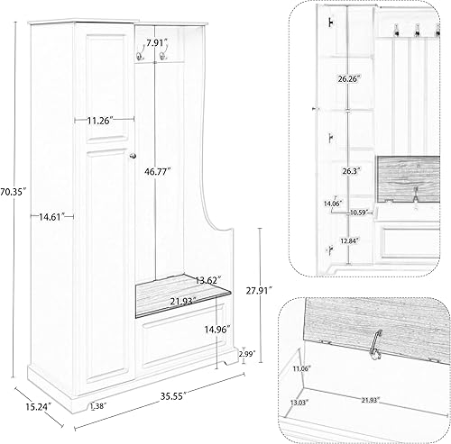 Miniatura 2 de Perchero de entrada, árbol de pasillo con banco y almacenamiento de zapatos, moderno banco con tapa abatible con zapatero y perchero, armario