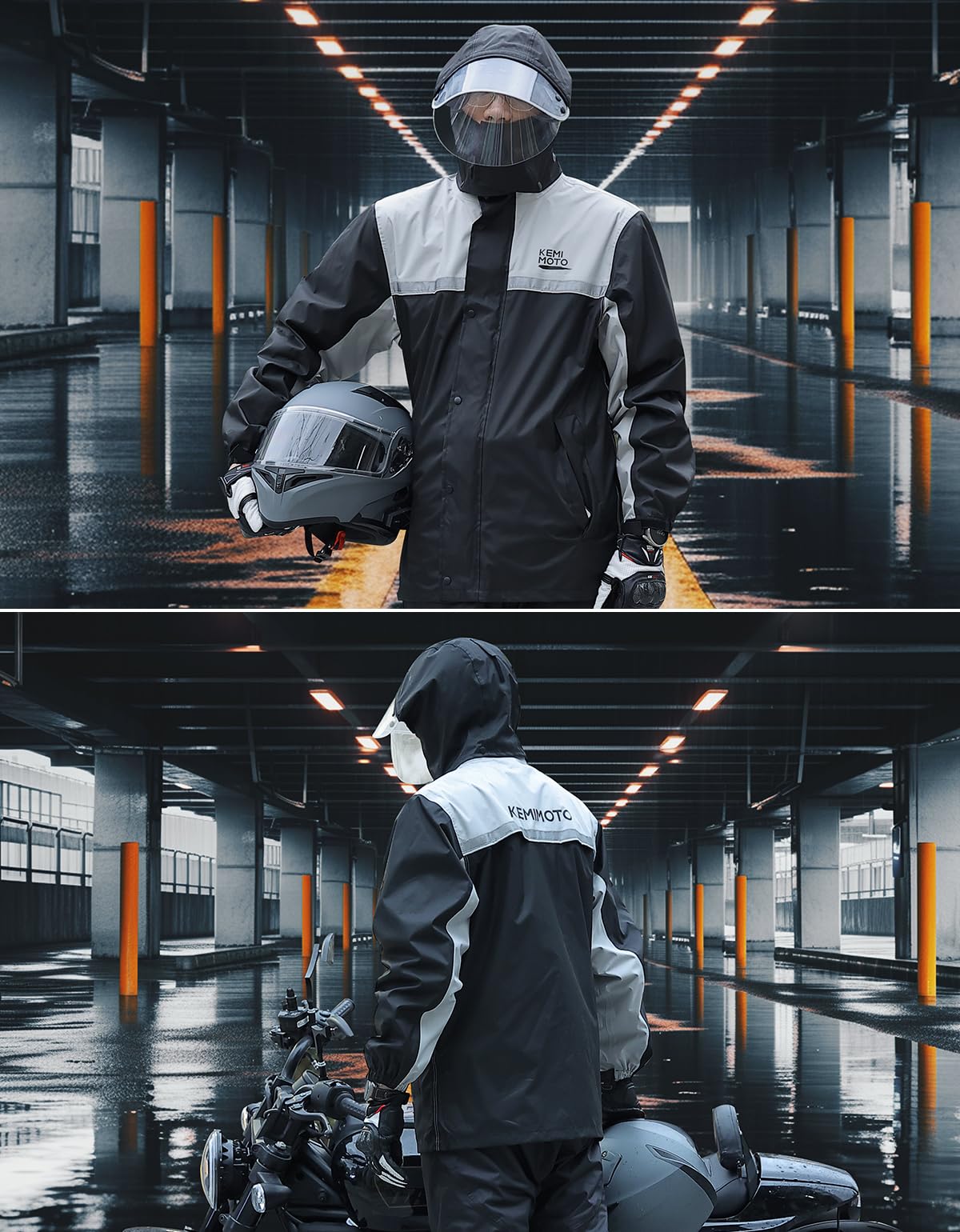 KEMIMOTO Combinaison de Pluie Moto Homme, Combinaison de Moto Imperméable et Réfléchissante Pantalon de Pluie Extérieur Blouson Léger Veste de Randonnée pour Moto, Scooter, Touring