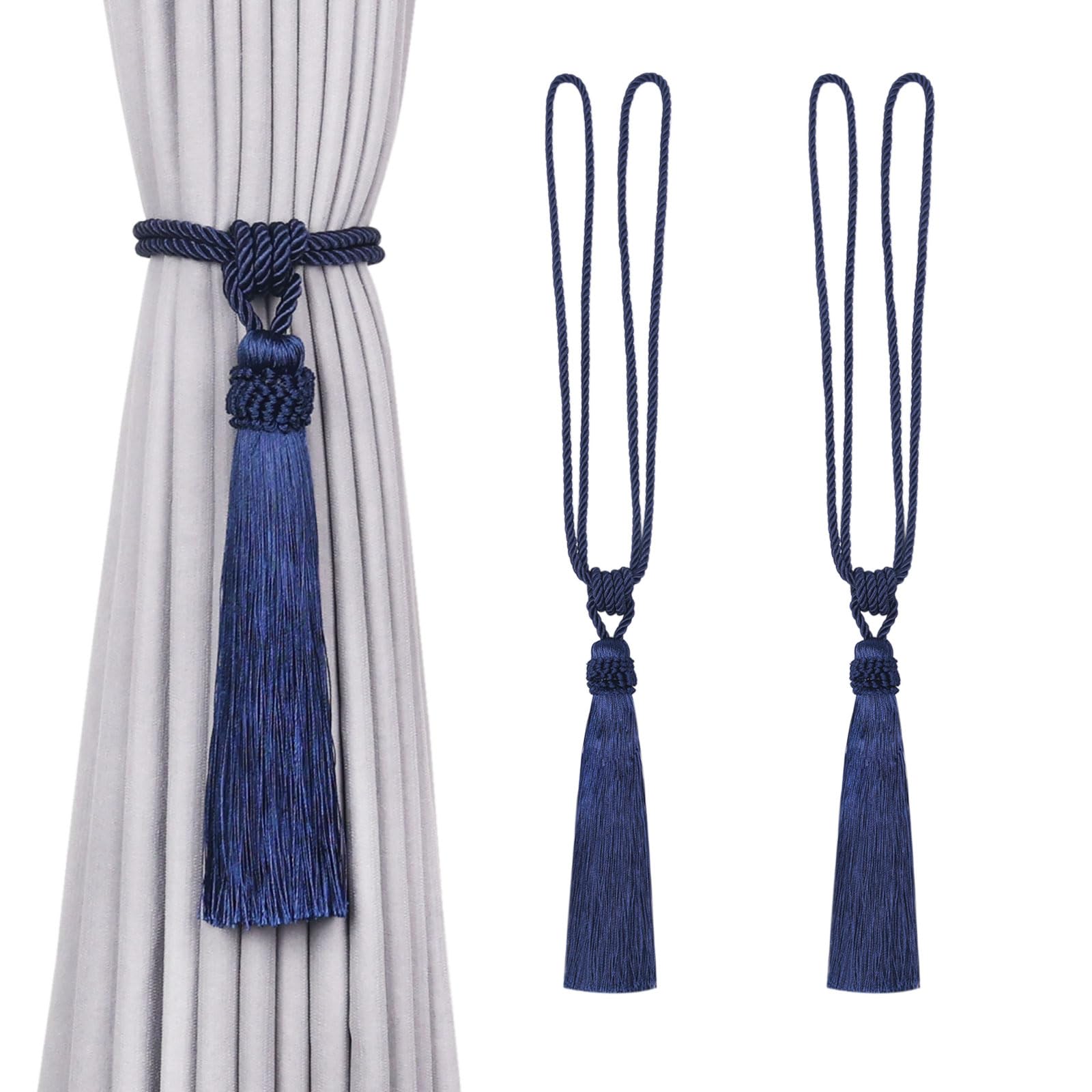 Pretty Jolly 2 Pack Long Tassel Curtain Tiebacks European Style Decorative Drape Tie Backs Elegant Handmade Braided Rope Knot Curtain Holdbacks for Home & Office Window Drapery (Dark Blue)