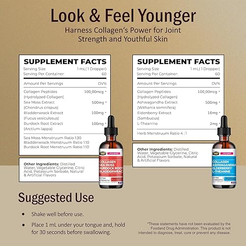 Miniatura 2 de Collagen Mojo Péptidos de colágeno líquido con musgo marino, raíz de bardana y vejiga + péptidos de colágeno líquido con Ashwagandha, saúco y