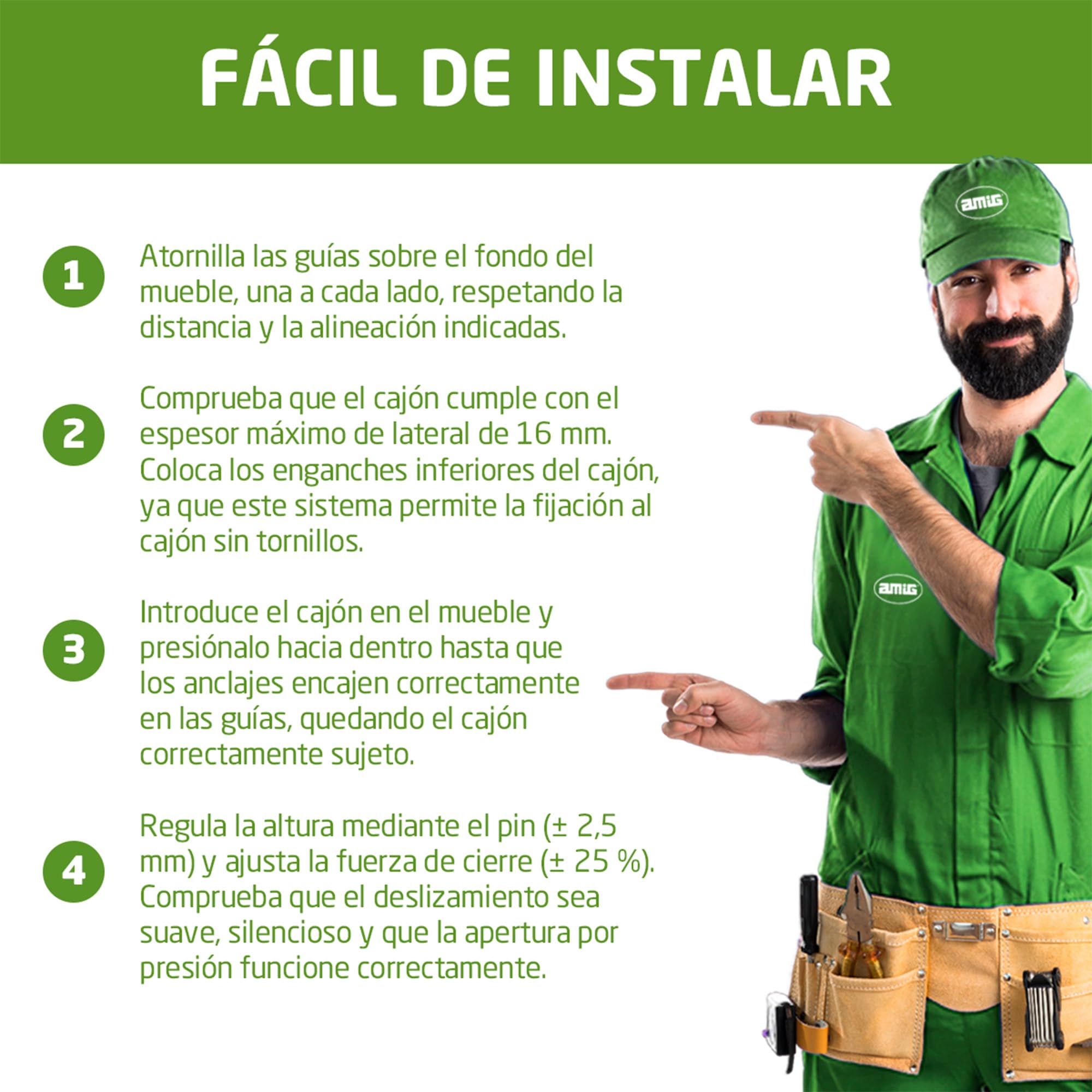 Amig - Juego de 2 guías Correderas Mod.45 de Acero Zincado para Cajones de Muebles, Cajoneras o Armarios, Autocierre y Apertura Push, Resistencia: 25 Kg/Par, Plateado, Medidas: 400 mm