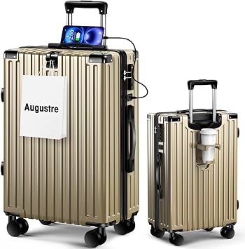 Augustre Suitcase, Carry-on Compatible, Ultra Lightweight, Carry Case, Large, Lightweight, Multi-functional, Carry Bag, Silent, Shockproof, Double Casters, S/M/L, Cup Holder Included, USB Charging