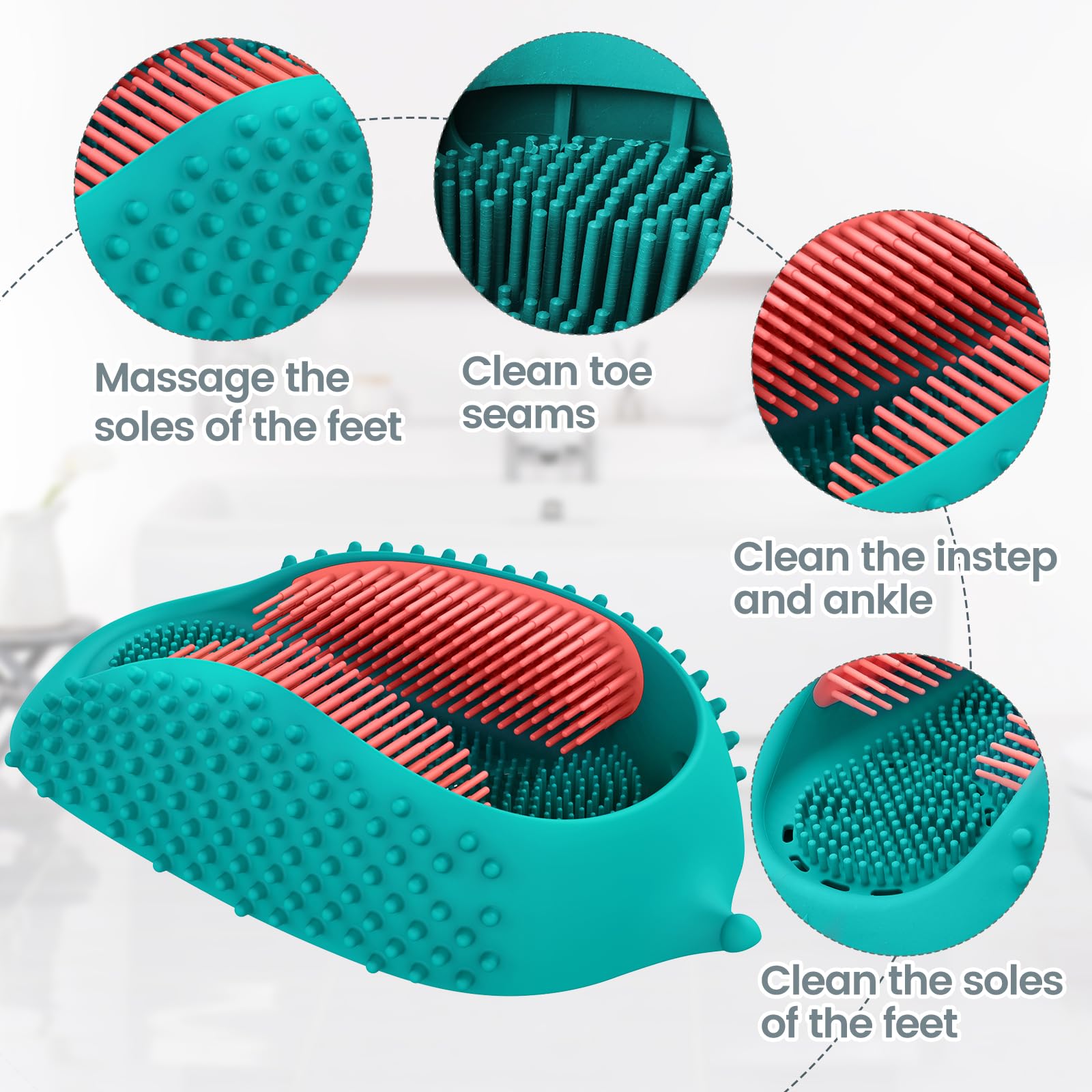 JIALEYA Lu-lala Shower Foot Scrubber - Portable Manual Foot Massager Cleaner Care for Soothe Feet Neuropathy Achy, Improve Foot Circulation - Wet and Dry use, Fits Plus Size Feet (Blue-Pink)