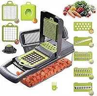 Cortador de Vegetais 12 em 1 - Resistente Cortador de Mandolina, Batata, Cebola, Legumes com Descascador, Protetor de Mão e Recipiente (Preto)