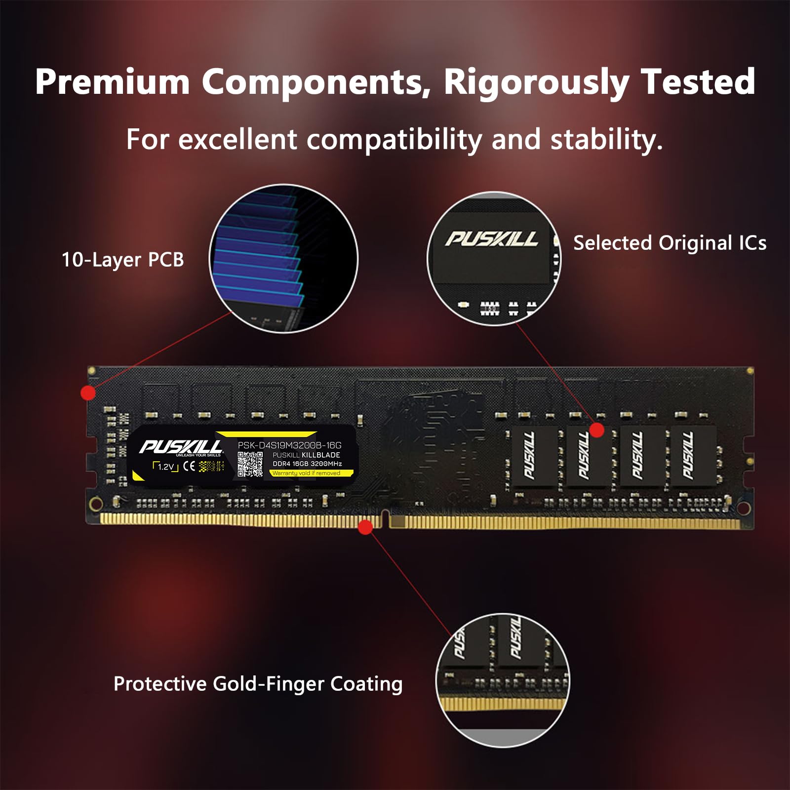 PUSKILL DDR4 32GB (2x16GB) 3200MHz PC RAM | CL16-18-18-42 | 1.35V