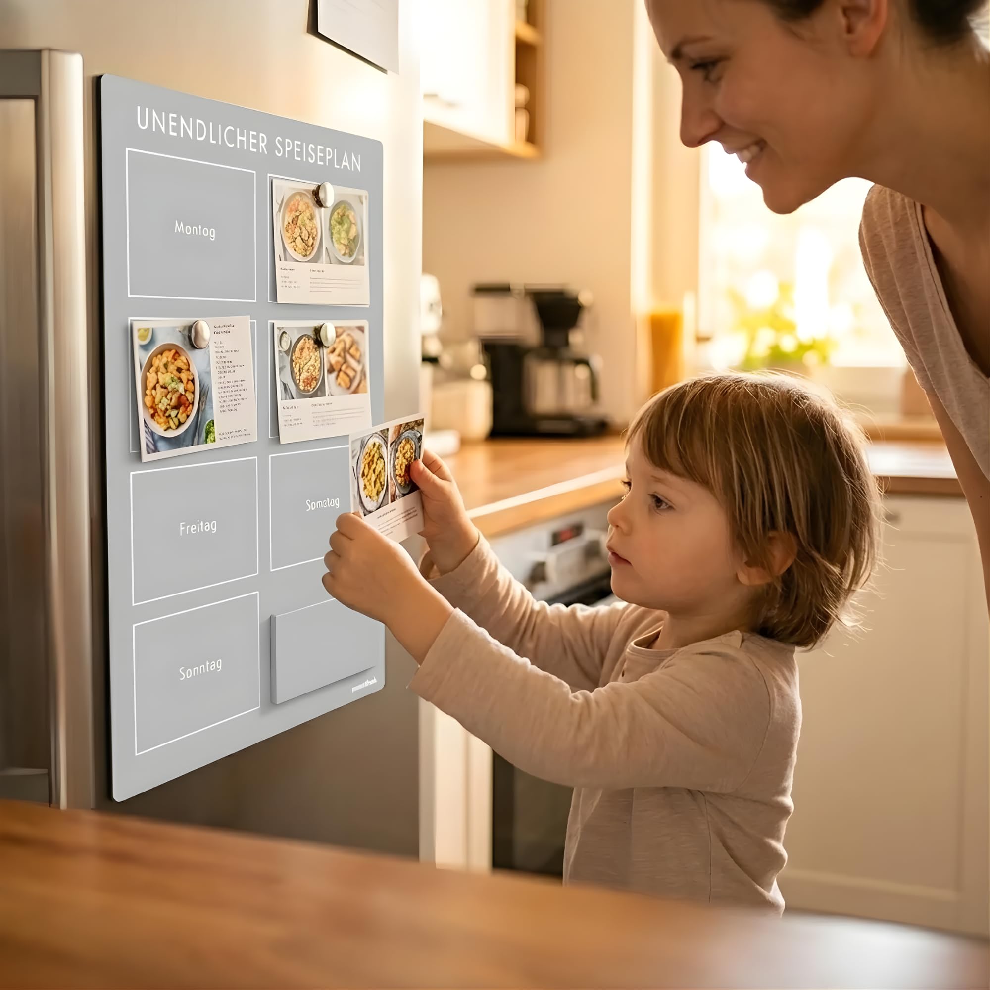 Unendlicher Speiseplan Profi Kit (Hellgrau) – Magnetischer Wochenplaner mit 8 Rezeptkarten-Sets (240 Rezepte) – Familien- & Kinder-Essensplaner mit Rückwand, Box & Schutzhülle – BPA-frei