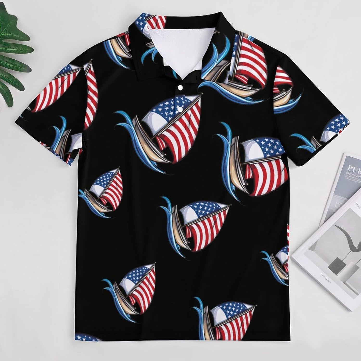 Sailboat USA Flag Sailing Womens Golf Polo Shirts Summer Short Sleeve Collared 3 Buttons T Shirt Activewear Tops