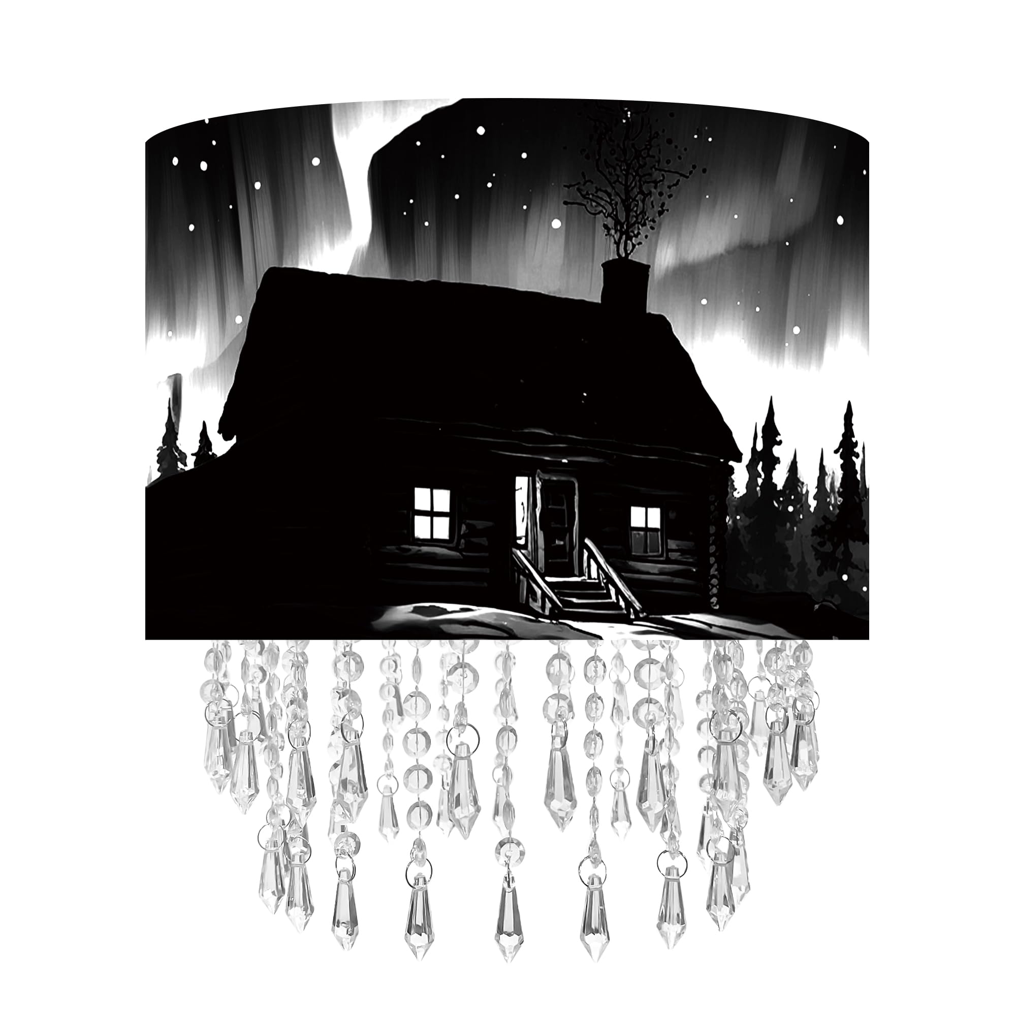 Northern Aurora Cabin Light Shade with Acrylic Bead Droplets, Black & White Drum Fabric Lampshade for Ceiling Pendant Table & Floor Lamps, Winter Landscape Decor, 30cm — image 1