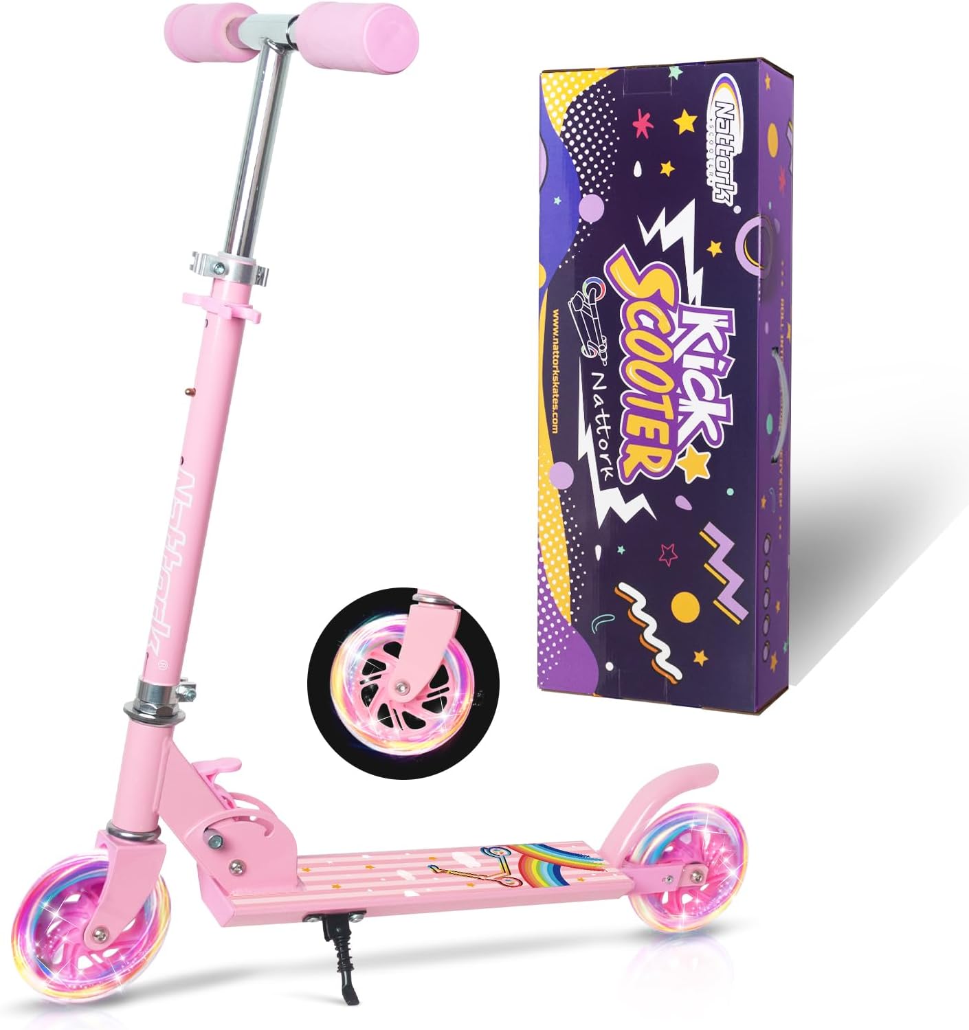 Nattork Scooter for Kids Ages 3-8 – Kick Kids Scooters for Boys & Girls Light up Wheels Portable Lightweight Folding Design with Reducing System and Adjustable Height Handlebars and up to 110 Lbs