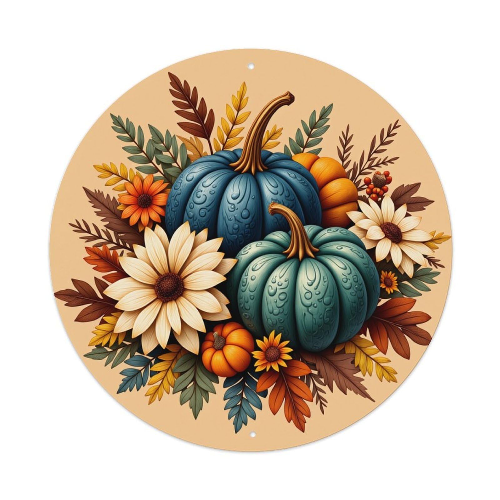 Autumn Pumpkins Flowers Leaves Pattern Retro Metal Tin Sign, Vintage Metal Poster for Bar, Home, Man Cave, Kitchen, Laundry Room Art Decor 8x8 Inch