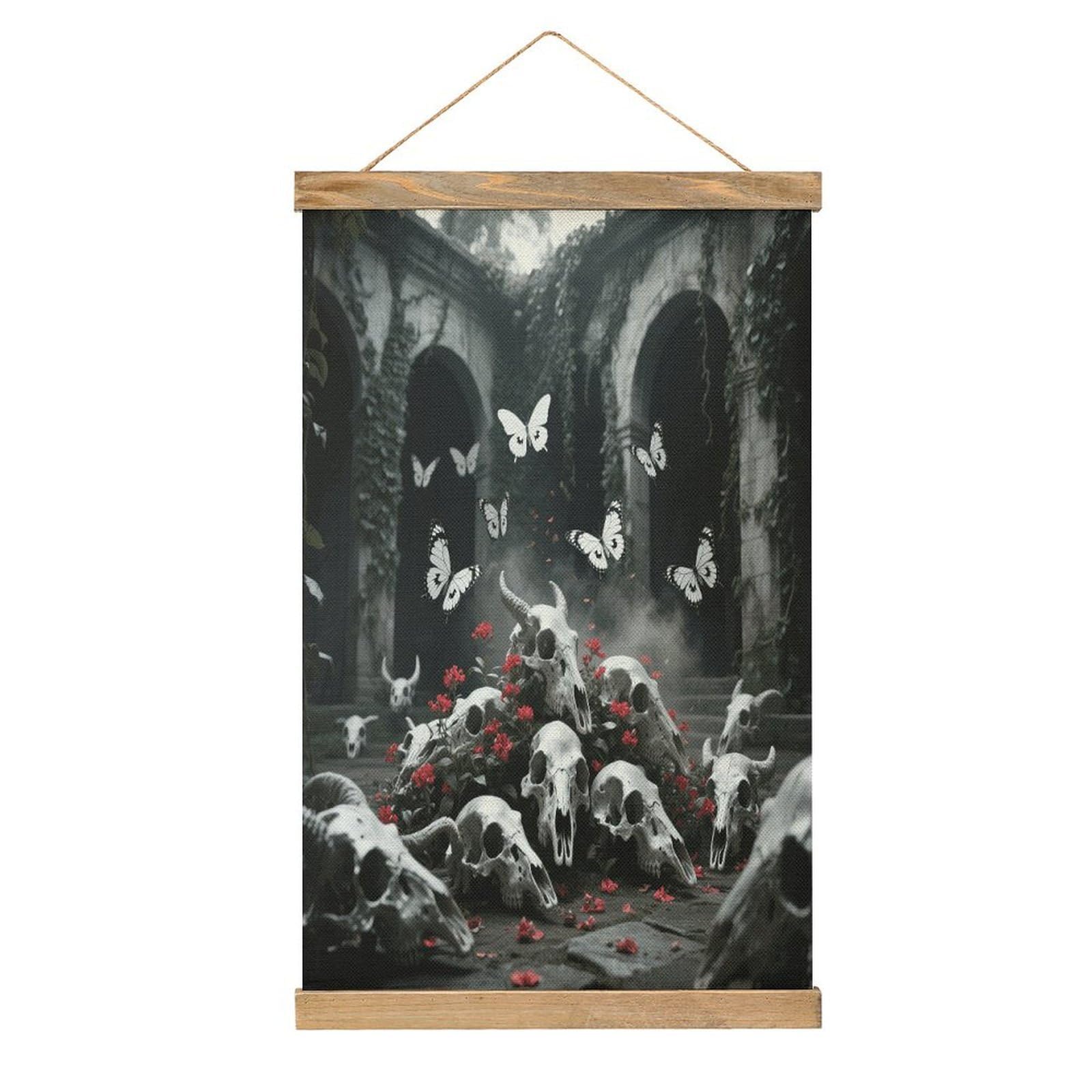 VstaDank Skulls Butterfly Poster with Wooden Frame Hanger Art Painting Wall Decor Poster Wall Hanging Wooden Frame 13x20 Wood Poster Hanger for Photo Picture Art Canvas Print Artwork