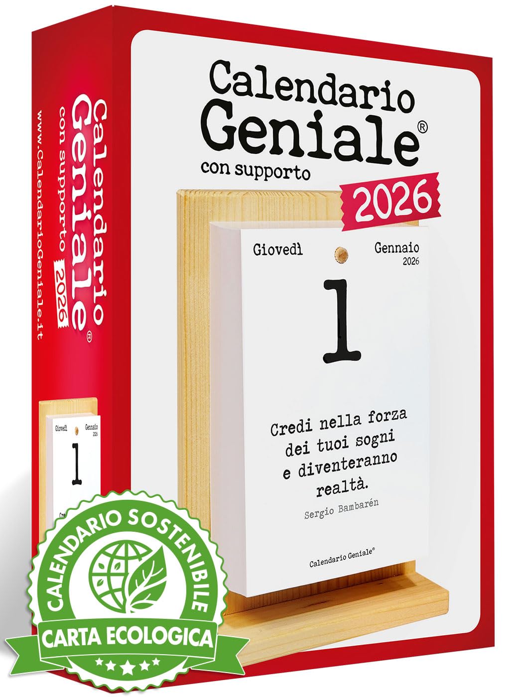 Calendario Geniale 2026. L'Originale Eco Sostenibile. Il Primo con Bonus digitali. Idea Regalo con Scatola. Supporto Legno di Abete Naturale. Leggi ogni giorno una frase e il pensiero Filosofico.