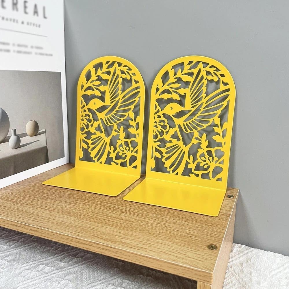 Bookend Support Bird Hollow Out Craft Bookends Metal Book Ends Heavy Duty Desktop Bookends(Gold)