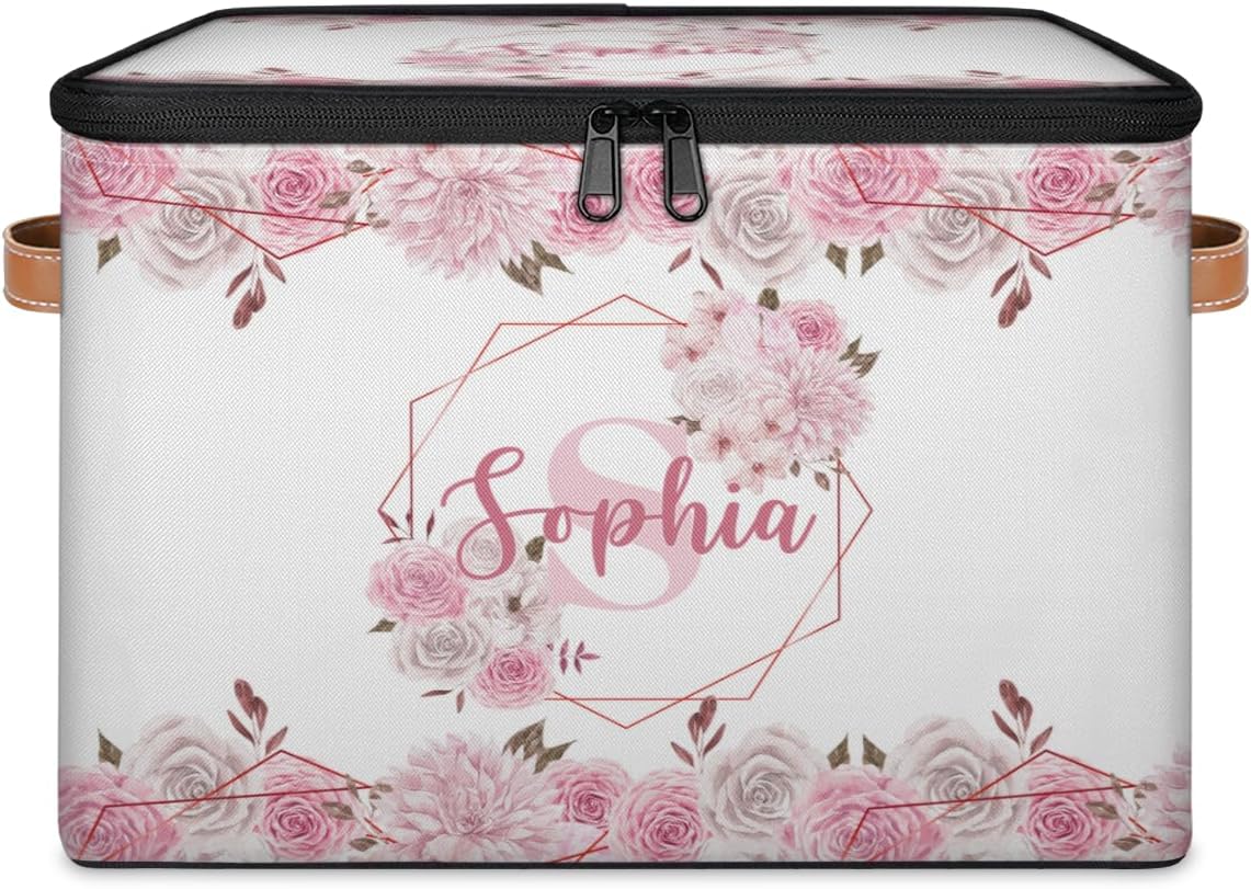 Custom Flower Storage Basket, Personalized Pink Memory Keepsake Box, Customized Name Initial Storage Bin with Zipper Lid Handle for Baby Kids Family, Foldable Fabric Bin Large Capacity for Bedrooms