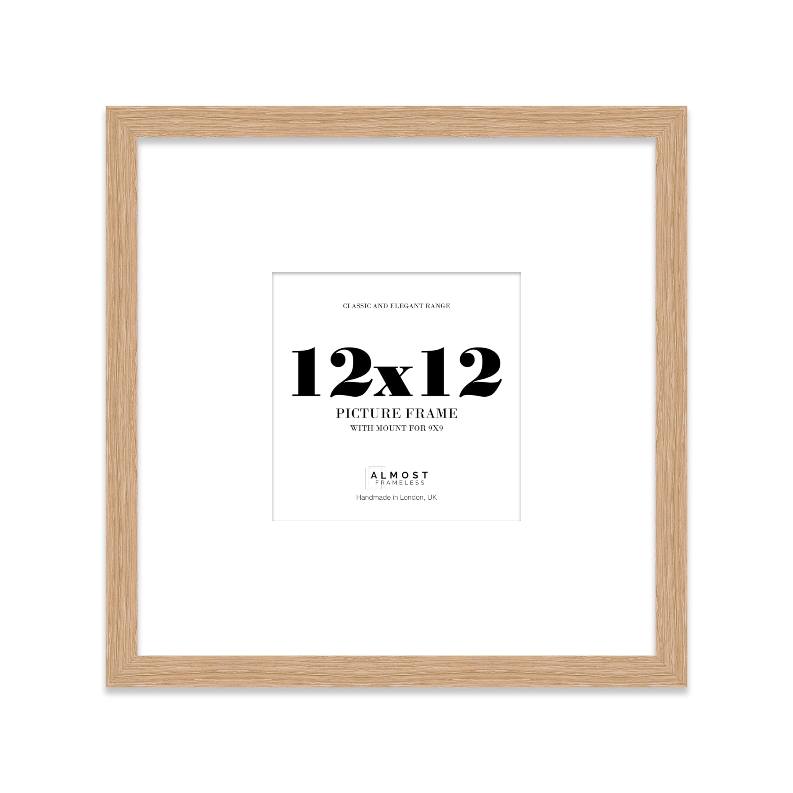 Almost Frameless 12x12 Square Picture Frame, Display Pictures 9x9 With Mat or 12x12 Without Mat, Wall Hanging & Free Standing Photo Frame, Oak, 1 Pack