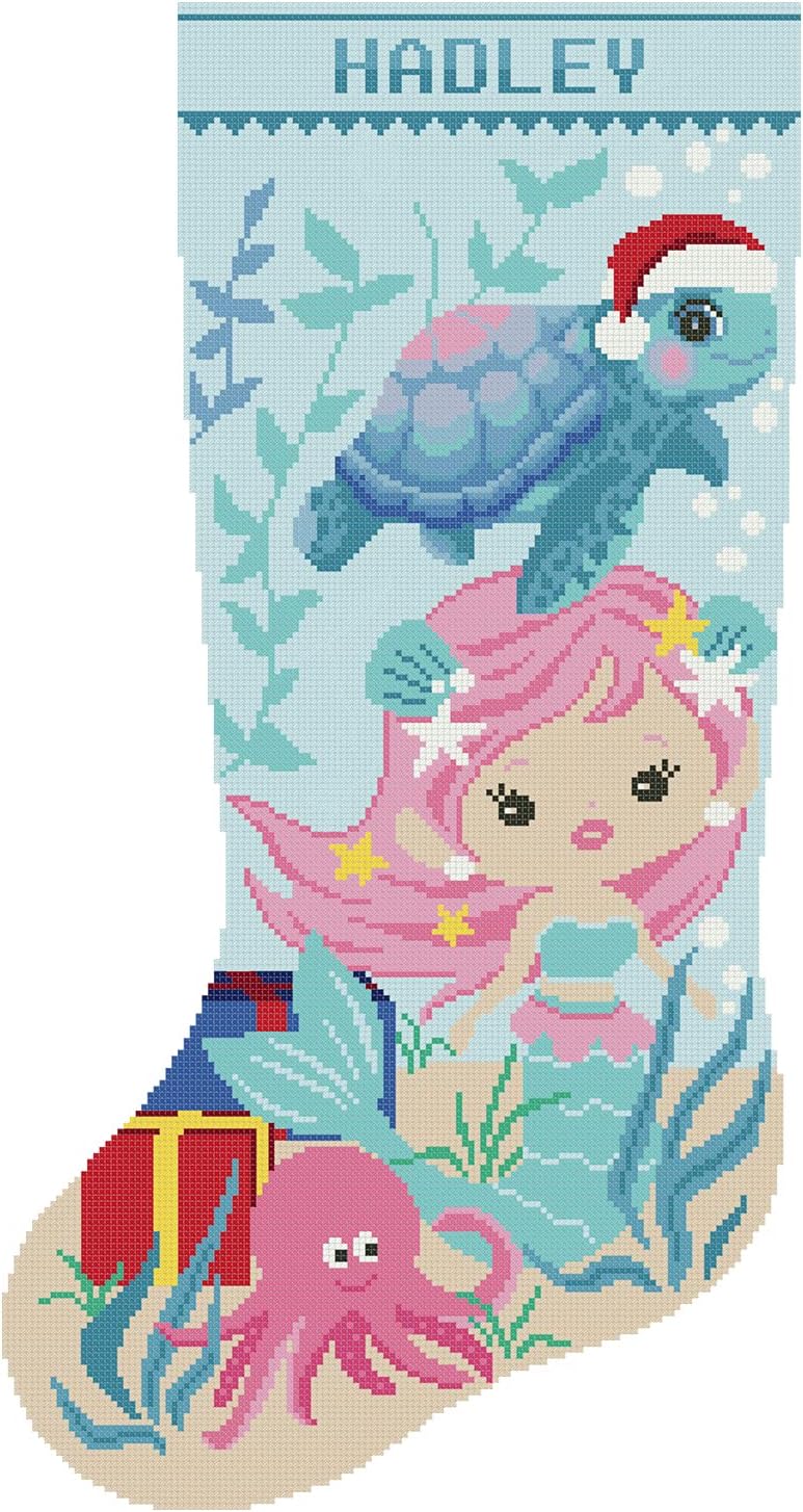 Christmas Stocking Cross Stitch Patterns for Adults, Personalized Easy Counted DMC Embroidery Patterns for Beginners, Cute Mermaid, Pink Baby Octopus, Turtle, Blue Holiday Design DIY, Digital Download