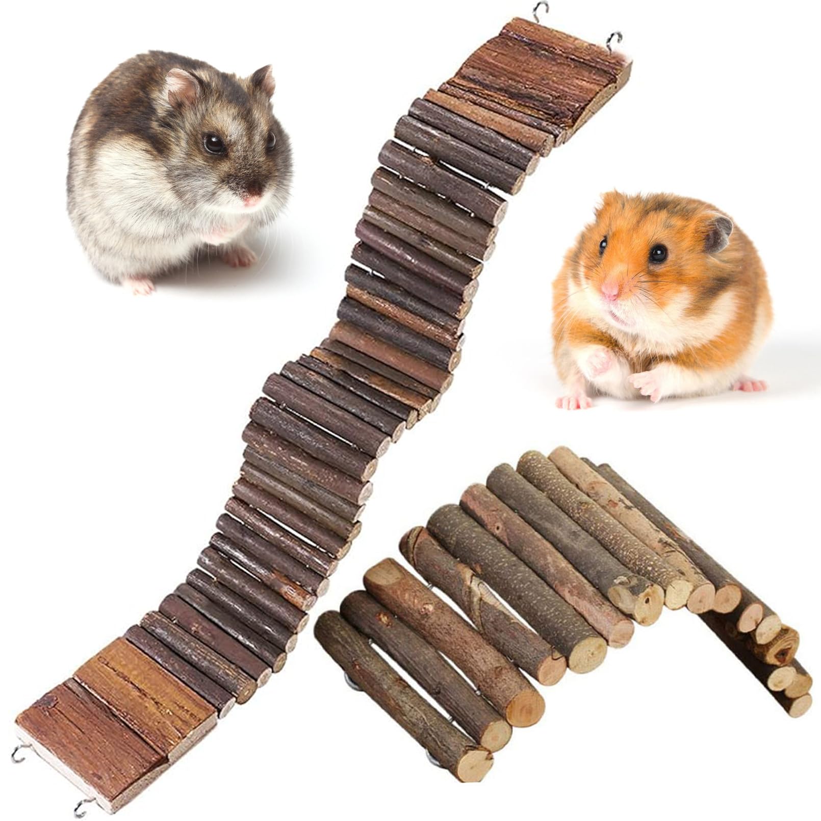 Photo 1 of PINVNBY 2PCS Bendable Hamster Suspension Bridge (21.8in and 8.7in) Hamster Ladder Flexible Natural Wooden Bridge Chew Toy Hamster Cage Accessories for Guinea Pig Dwarf Sugar Glider Rodents Mouse