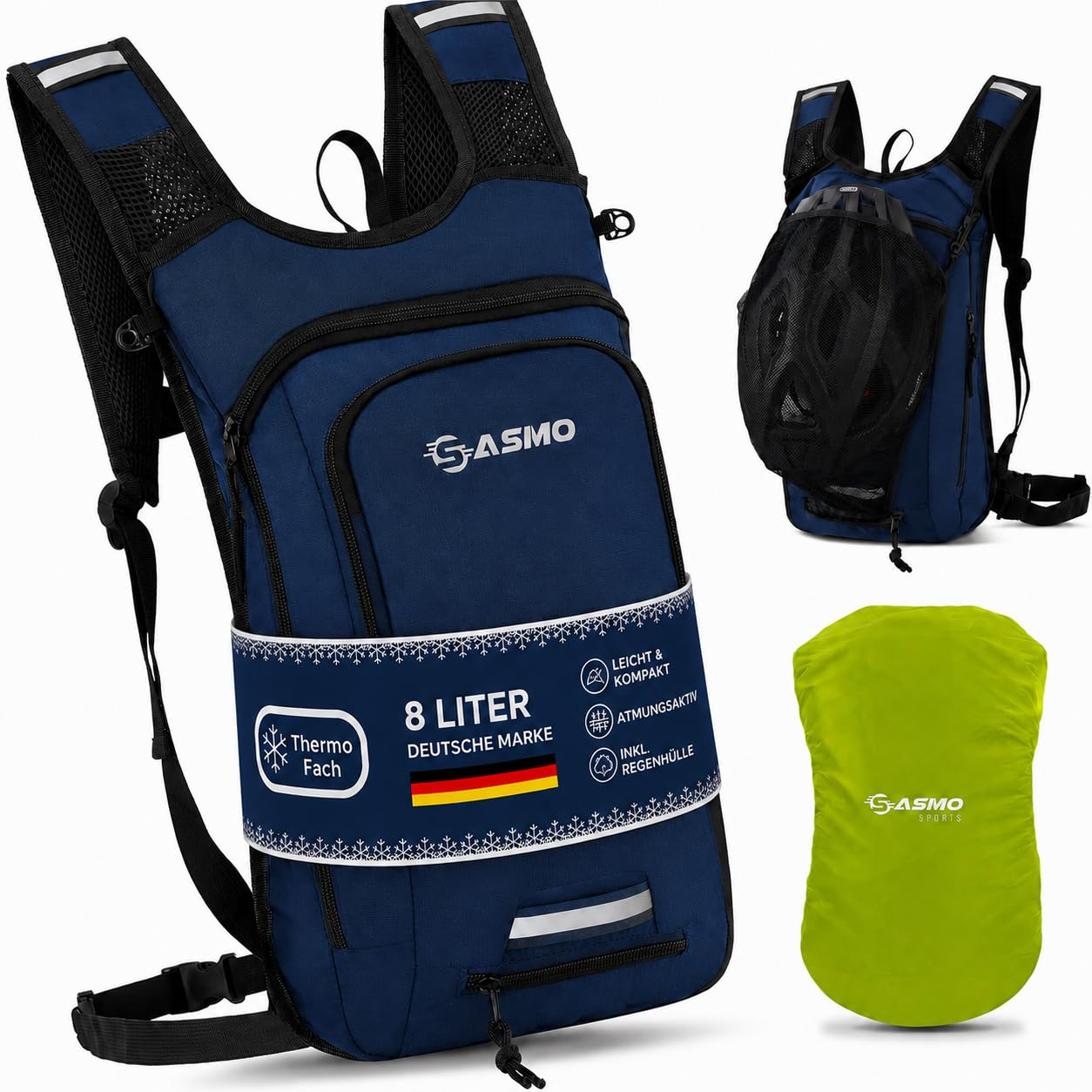 SASMO® Fahrradrucksack & Skirucksack 6L / 8L / 10+3L / 14+3L mit Thermofach, Helmnetz & Regenschutz | Ultraleicht - MTB Rucksack Herren & Damen | Kleiner Fahrradrucksack Herren & Damen