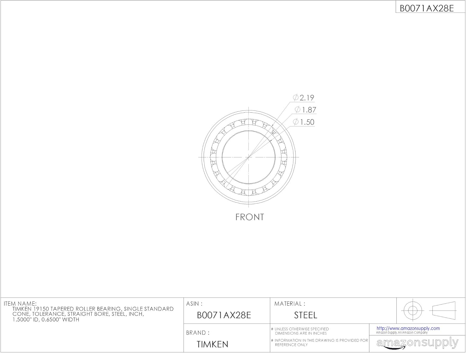 Timken 19150 Tapered Roller Bearing, Single Cone, Standard Tolerance, Straight Bore, Steel, Inch, 1.5000" ID, 0.6500" Width