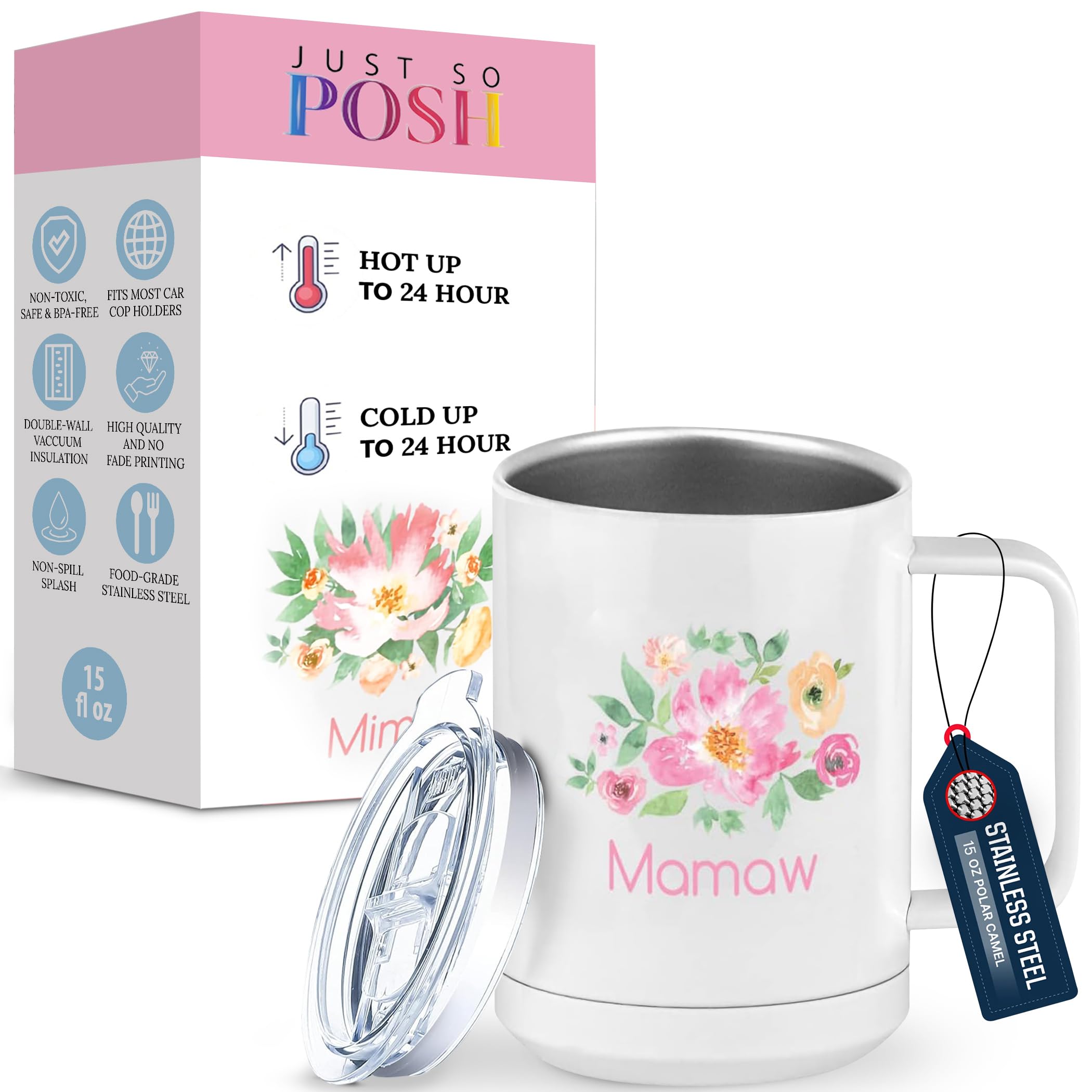 Just So Posh Mamaw Flowers Tumbler, Coffee Mug with Handle and Slider Lid, White 15 oz Polar Camel, Stainless Steel, Vacuum Insulated