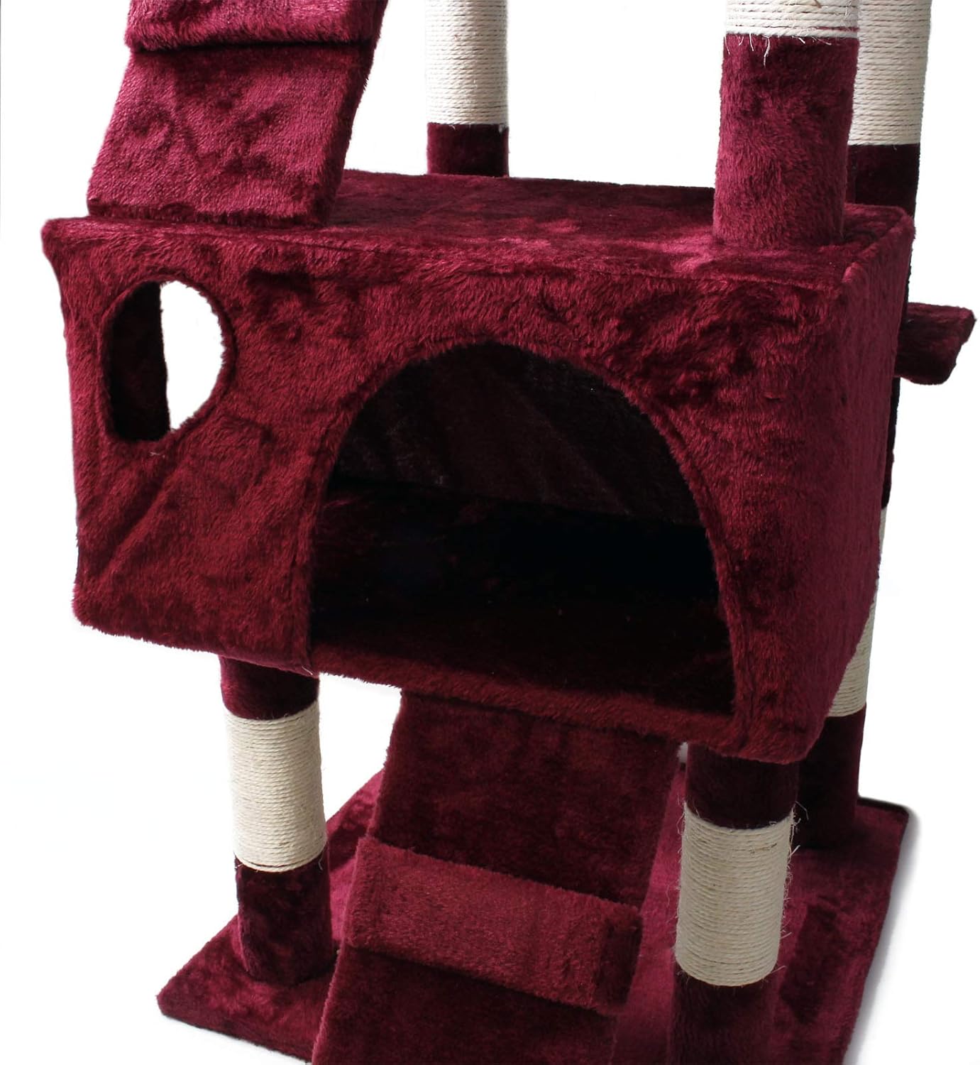 Close-up of a cat cave and ramp on the cat tree