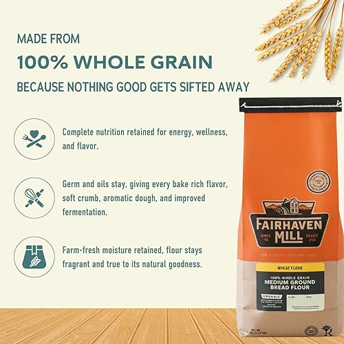 Miniatura 3 de Fairhaven Mill Harina de pan orgánico de grano medio 100% de grano entero, sin OMG, rica en fibra y proteínas, perfecta para panes rústicos