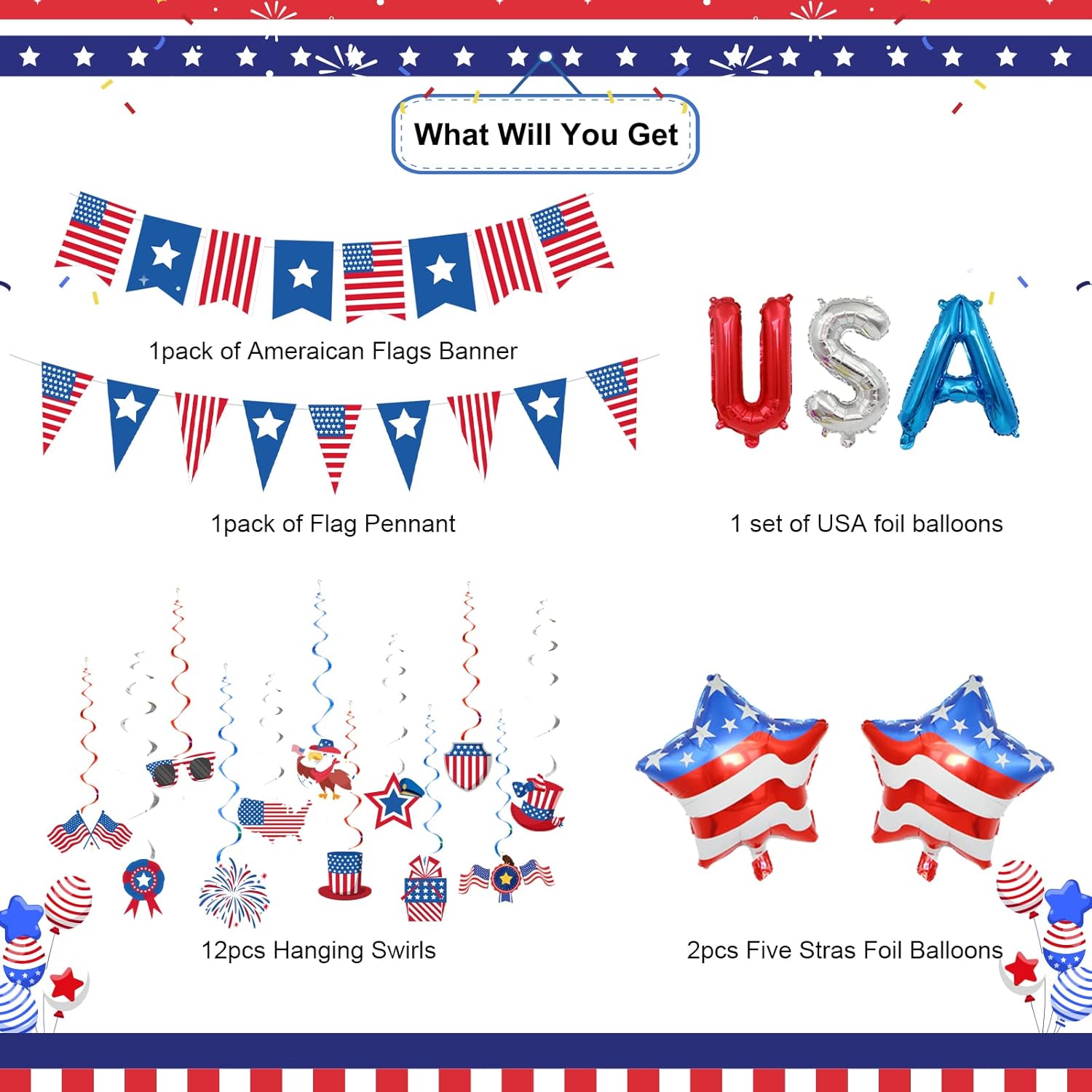 USA Party Decorations, Red Blue White Decorations with American Flag Banner, 12Pcs USA Hanging Swirls Decors, Pennant Bunting Banner, Foil Balloons for Welcome Home Patriotic Party Supplies - Image 4