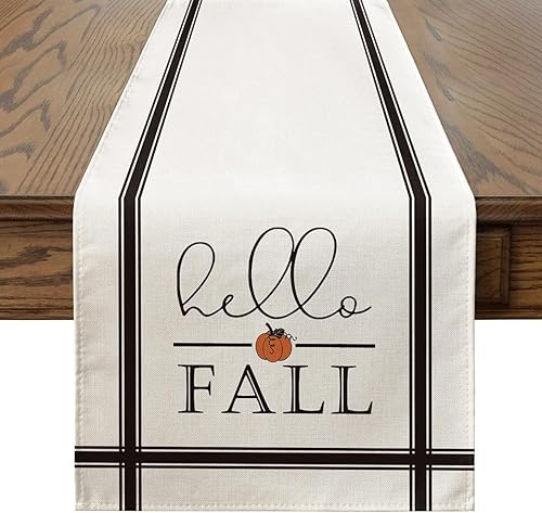 Camino de mesa de calabaza Hello Autumn de 13 x 72 pulgadas, decoración de mesa de cocina vintage de Acción de Gracias para el hogar, otoño, A 13 x