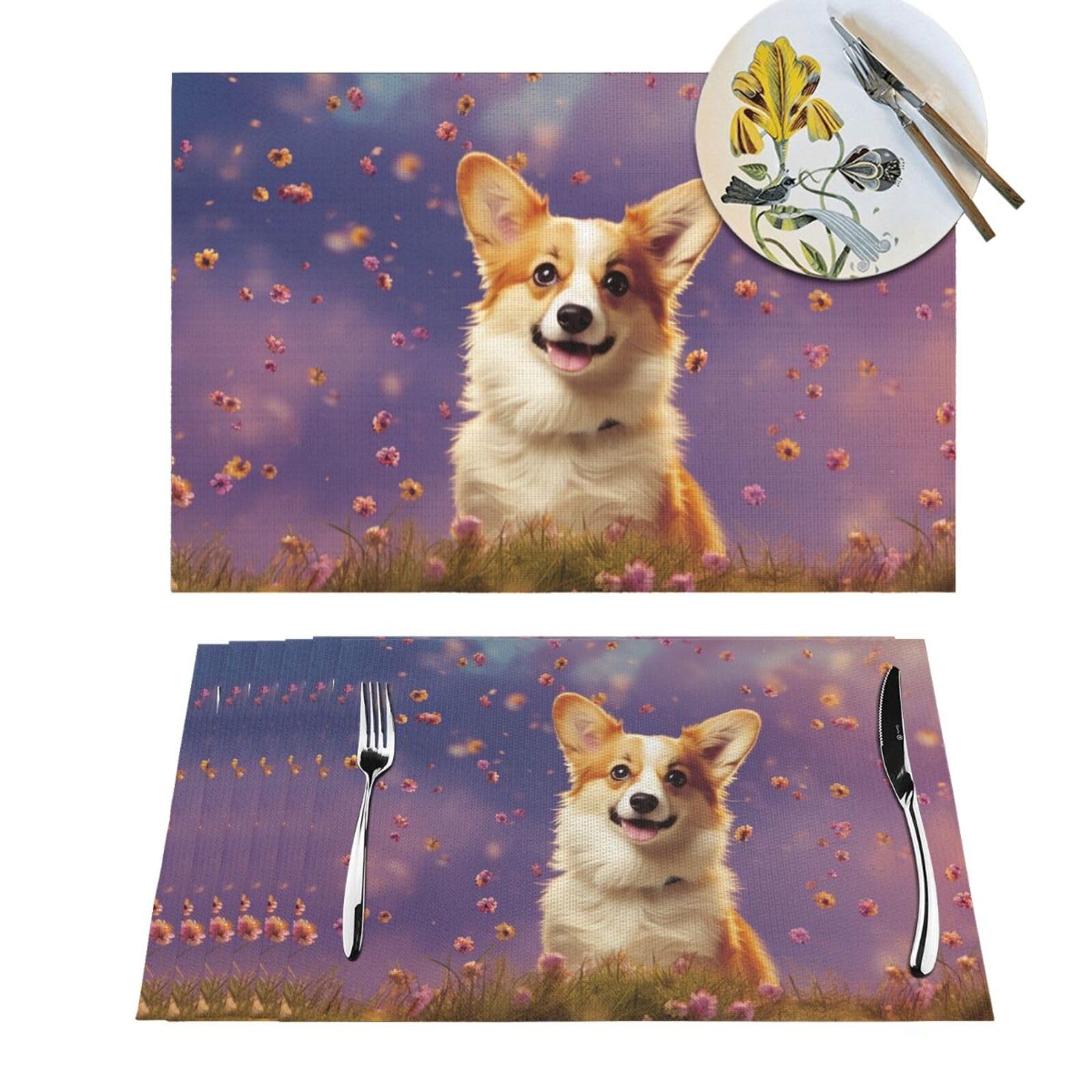 Lot de 6 sets de table tissés Corgi lavables et résistants à la chaleur