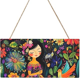 Wood Sign 12 Inch Rectangle Plaque Personalized Door Hanger Sign Mexican Folk Art Boho Door Sign Wooden Slices Banners with Ropes Hanging Wood Painting Panel for Home Decor Crafts