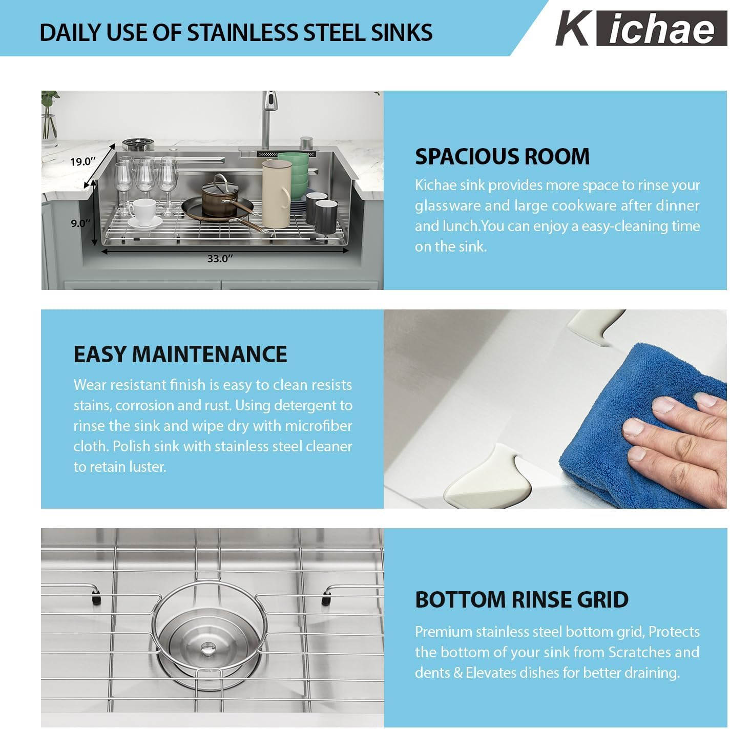 Kichae 33x19 Drop In Kitchen Sink Waterfall - Workstation Kitchen Sink Waterfall Stainless Steel 16 Gauge Luxury Handmade Single Bowl Sinks with Faucet Combo & Glass Rinser