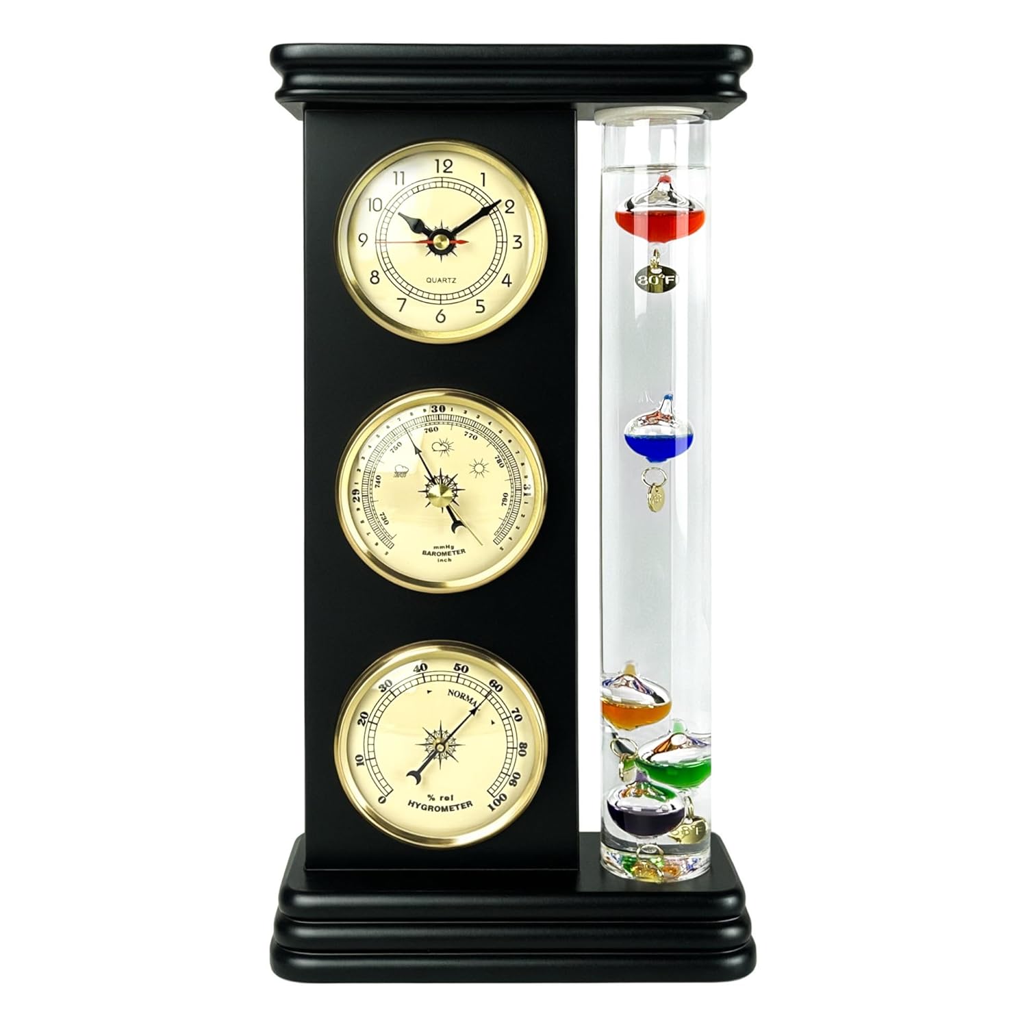 Lily's Home Analog Weather Station, with Galileo Thermometer, a Precision Quartz Clock, and Analog Barometer and Hygrometer, 5 Multi-Colored Spheres (6" L x 2" W x 12" H) - Matt Black