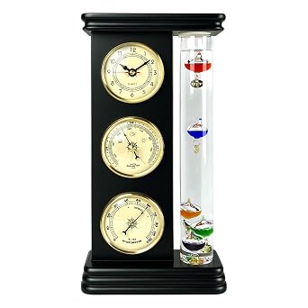 Lilys Home Analog Weather Station, with Galileo Thermometer, a Precision Quartz Clock, and Analog Barometer and Hygrometer, 5 Multi-Colored Spheres 6" L x 2" W x 12" H - Matt Black