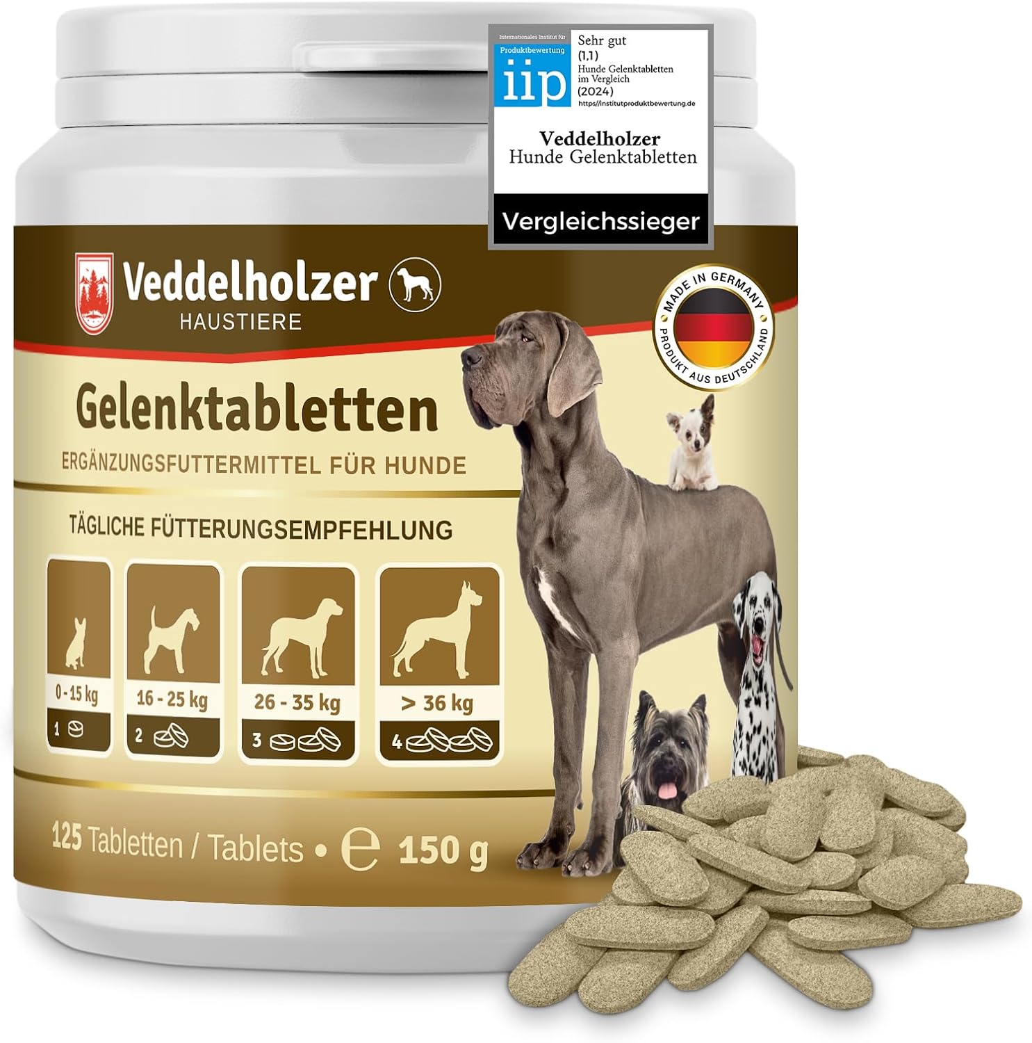 Veddelholzer Vergleichssieger Hundegelenktabletten, maximale Wirkstoffdosis mit Grünlippmuschel MSM & Teufelskralle, Glucosamin & Kollagen, 125 Kapseln