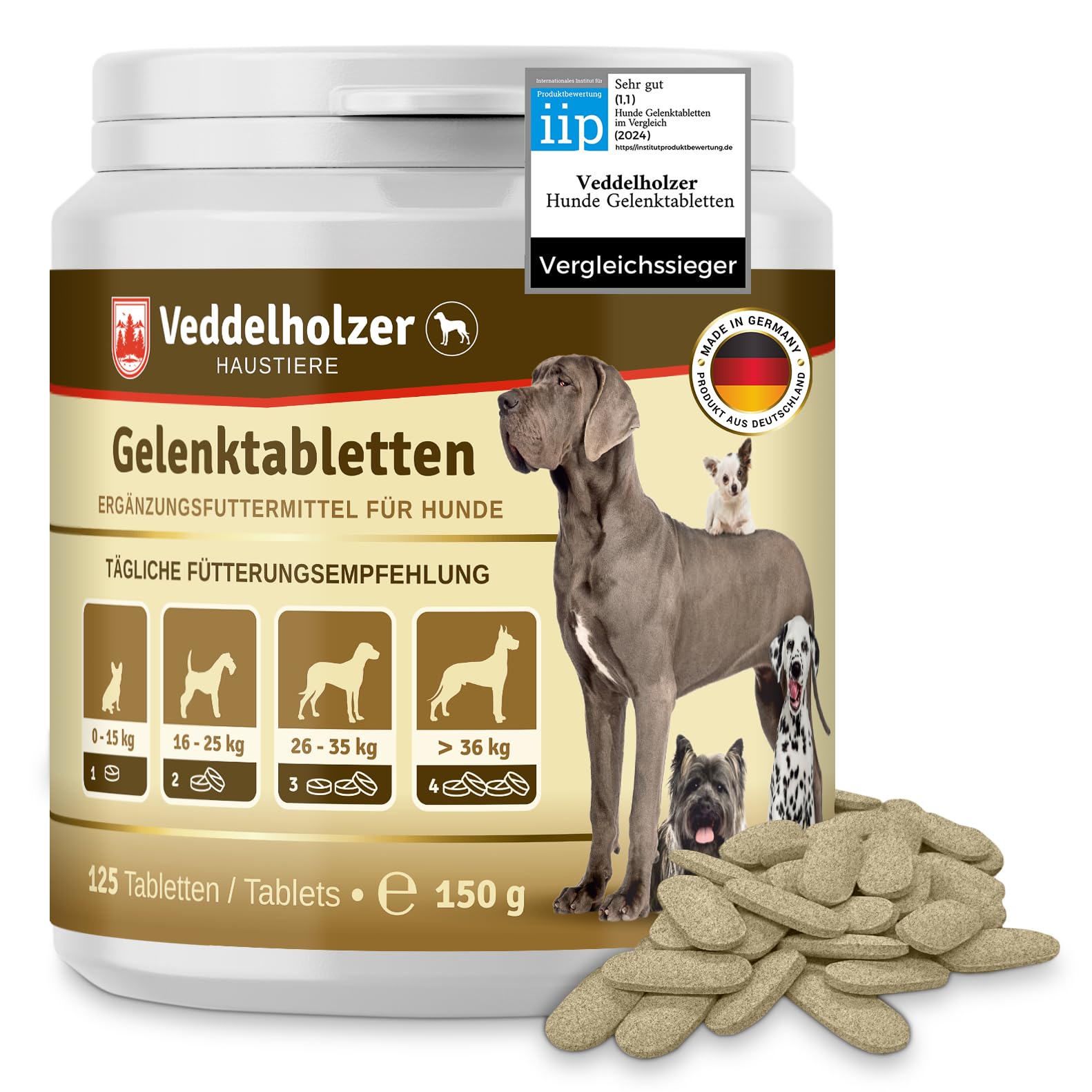 Veddelholzer VERGLEICHSSIEGER 2024 Hunde Gelenktabletten mit Grünlippmuschel Hund MSM & Teufelskralle Glucosamin & Kollagen 125 Kapseln Hunde Leckerlis