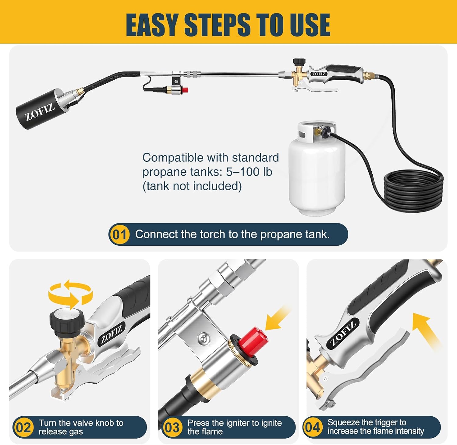 Condition photo showing As Is for propane torch weed burner kit with storage bag,10ft hose heavy duty blow torch 33"flamethrower with self igniter and turbo trigger for weeding roofing ice melting(fuel not included) 33in